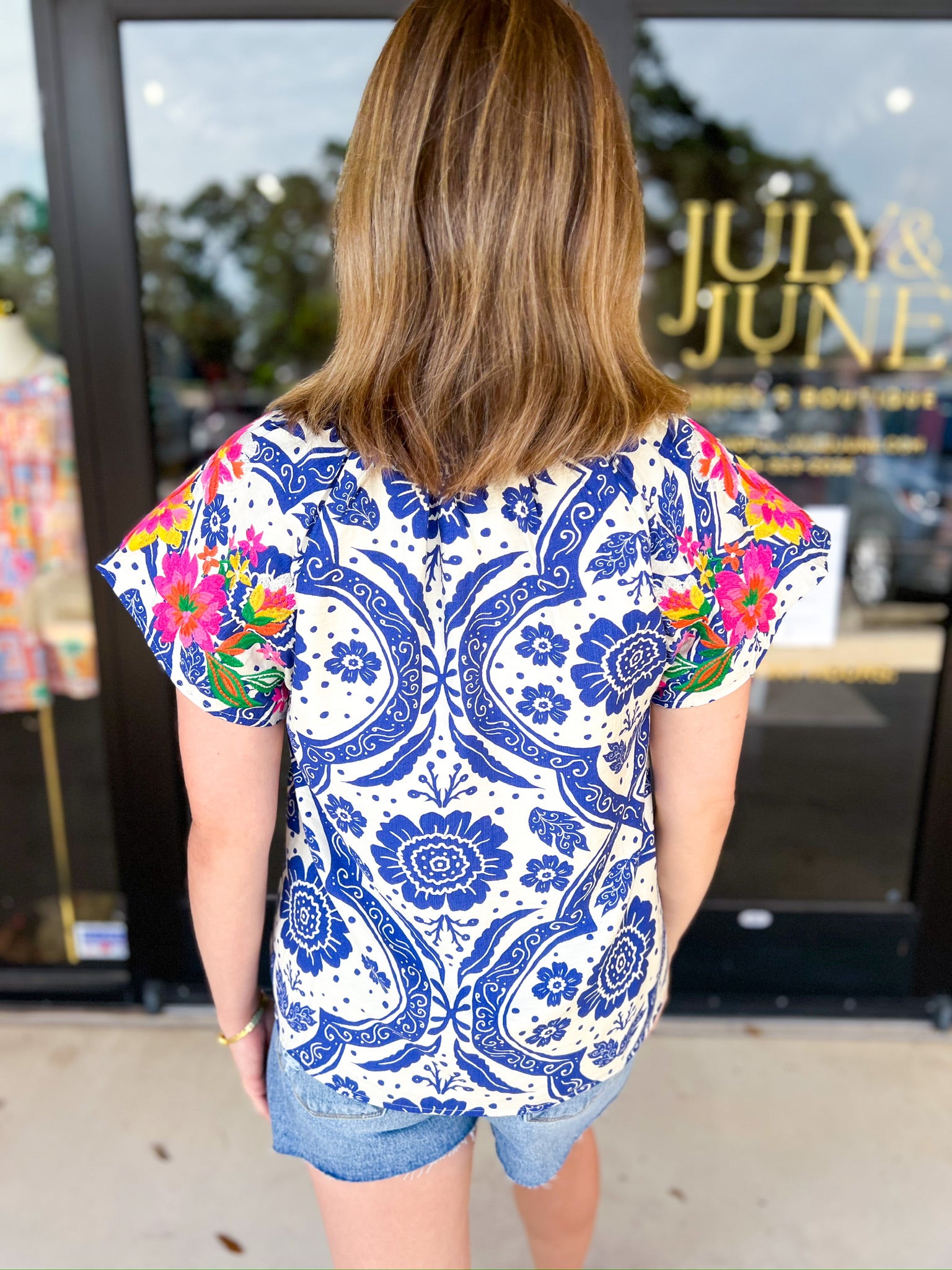 THML - Bold Blue Embroidered Blouse-200 Fashion Blouses-THML-July & June Women's Fashion Boutique Located in San Antonio, Texas