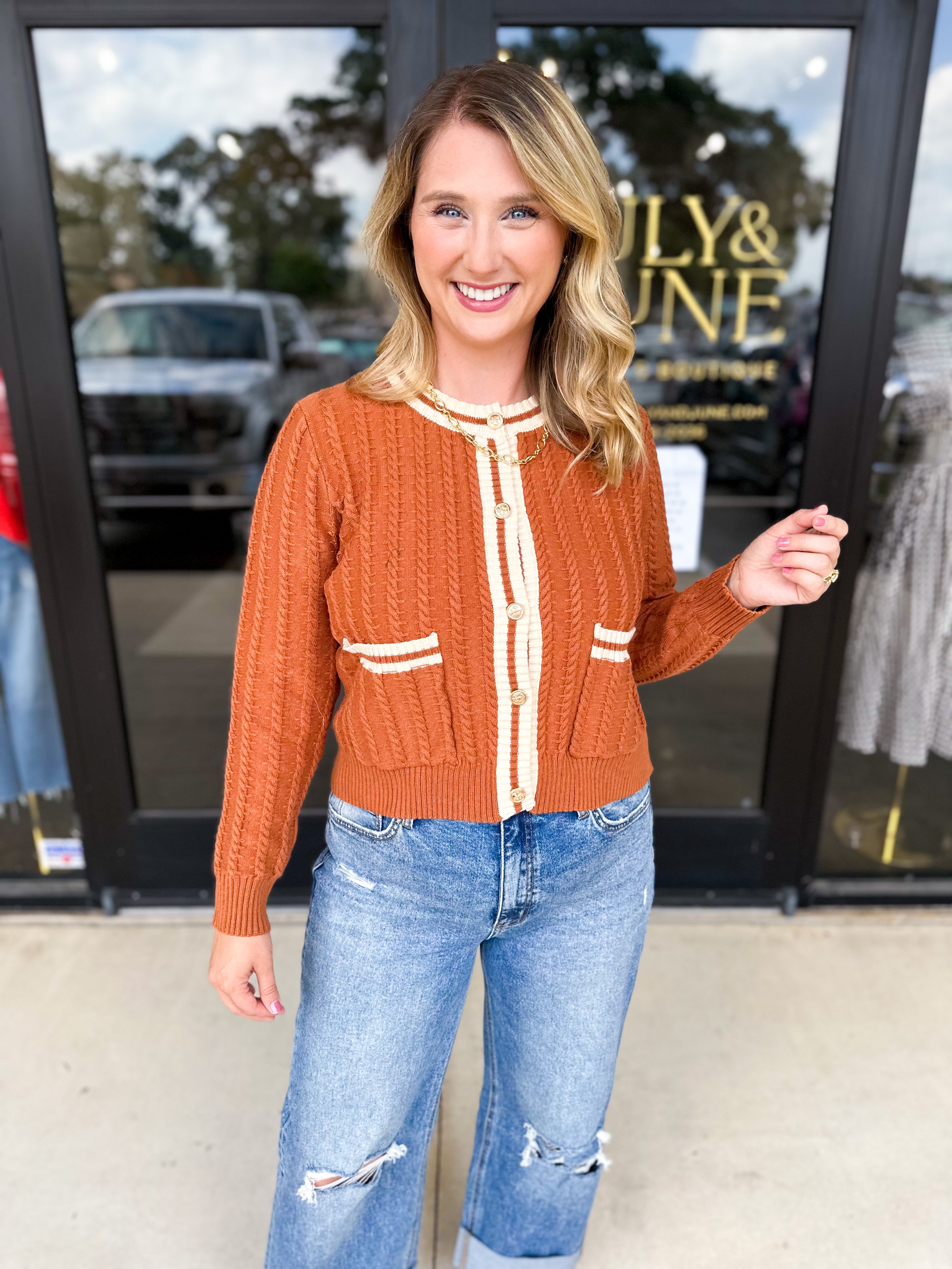 Classic Varsity Rust Cardigan-230 Sweaters/Cardis-ENTRO-July & June Women's Fashion Boutique Located in San Antonio, Texas