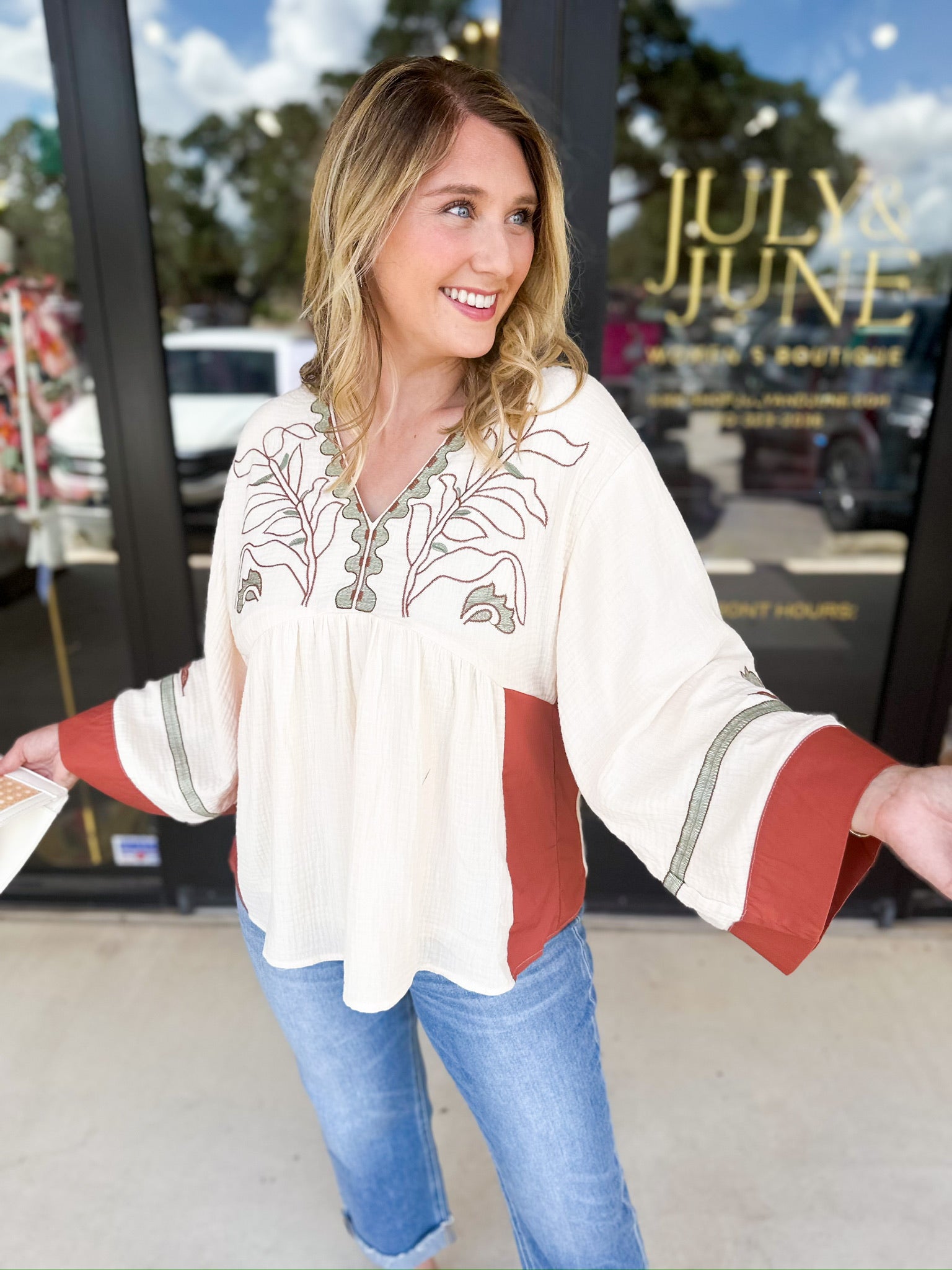 Organic Florals Boho Blouse-200 Fashion Blouses-JODIFL-July & June Women's Fashion Boutique Located in San Antonio, Texas