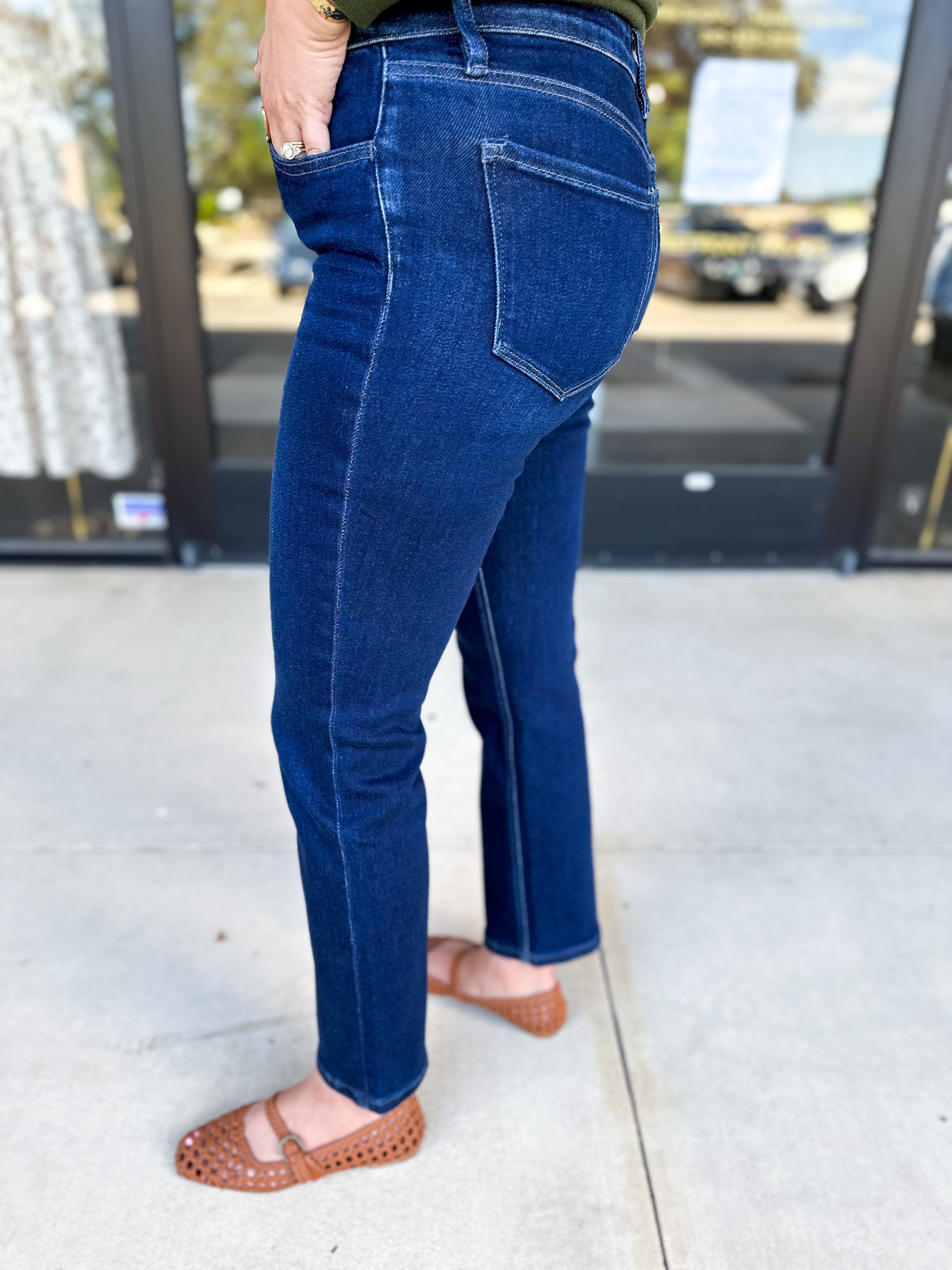 Vervet - Mid Rise Dark Wash Slim Straight Jeans-400 Pants-VEVERT BY FLYING MONKEY-July & June Women's Fashion Boutique Located in San Antonio, Texas