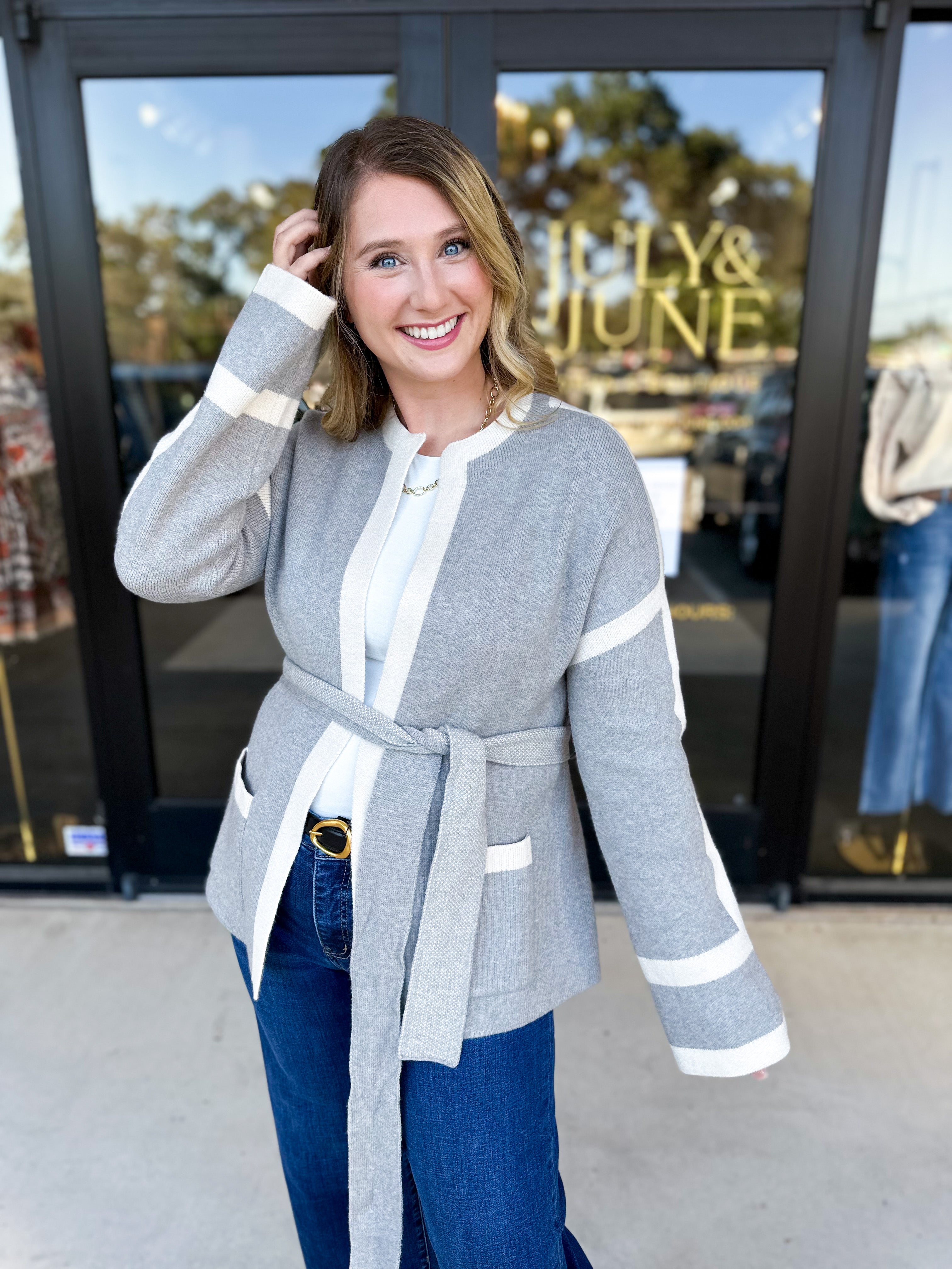 THML - Grey Color Block Cardigan-230 Sweaters/Cardis-THML-July & June Women's Fashion Boutique Located in San Antonio, Texas