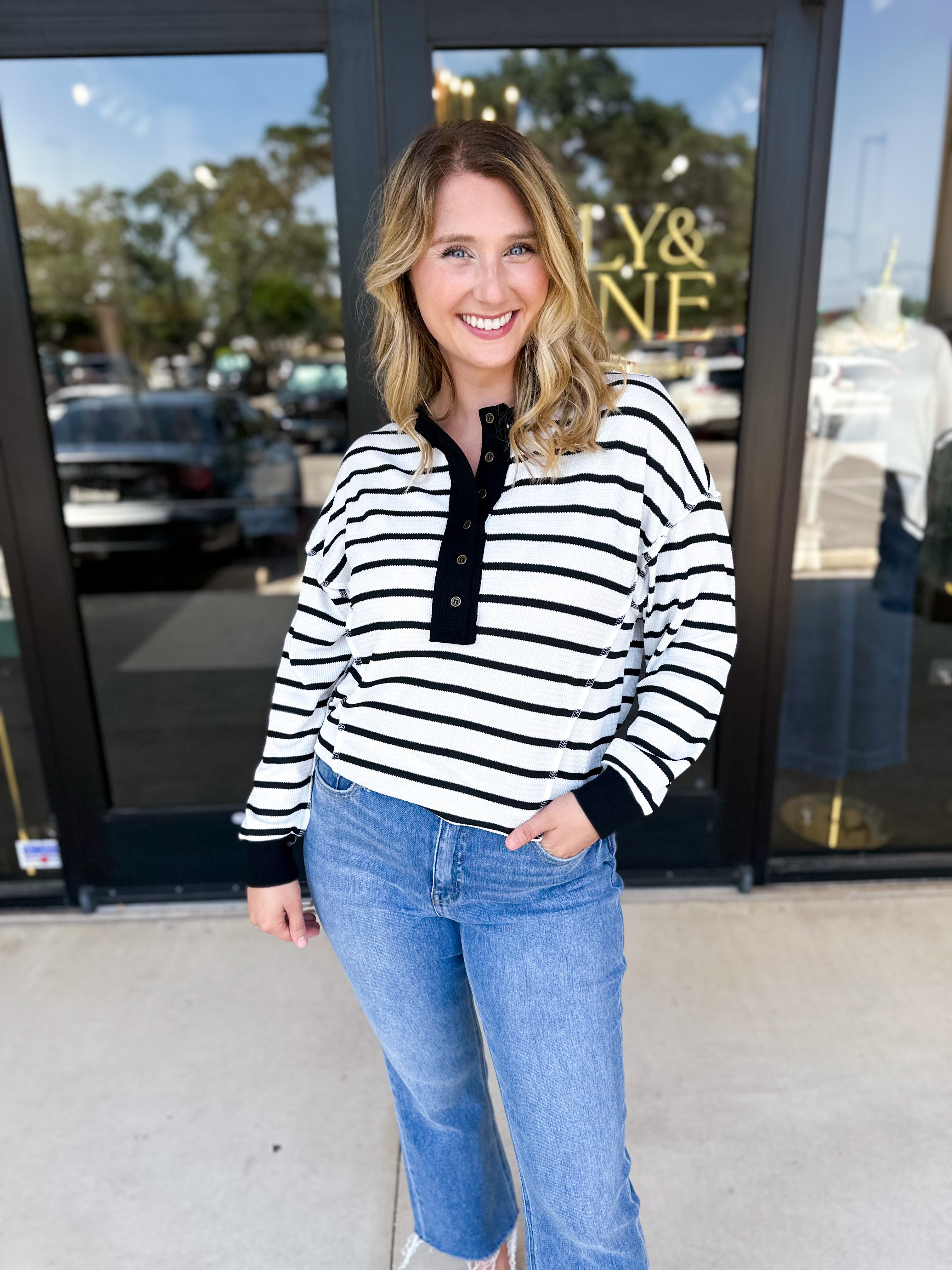 Comfy Henley Long Sleeve Top - Black & White-210 Casual Blouses-POLOGRAM-July & June Women's Fashion Boutique Located in San Antonio, Texas