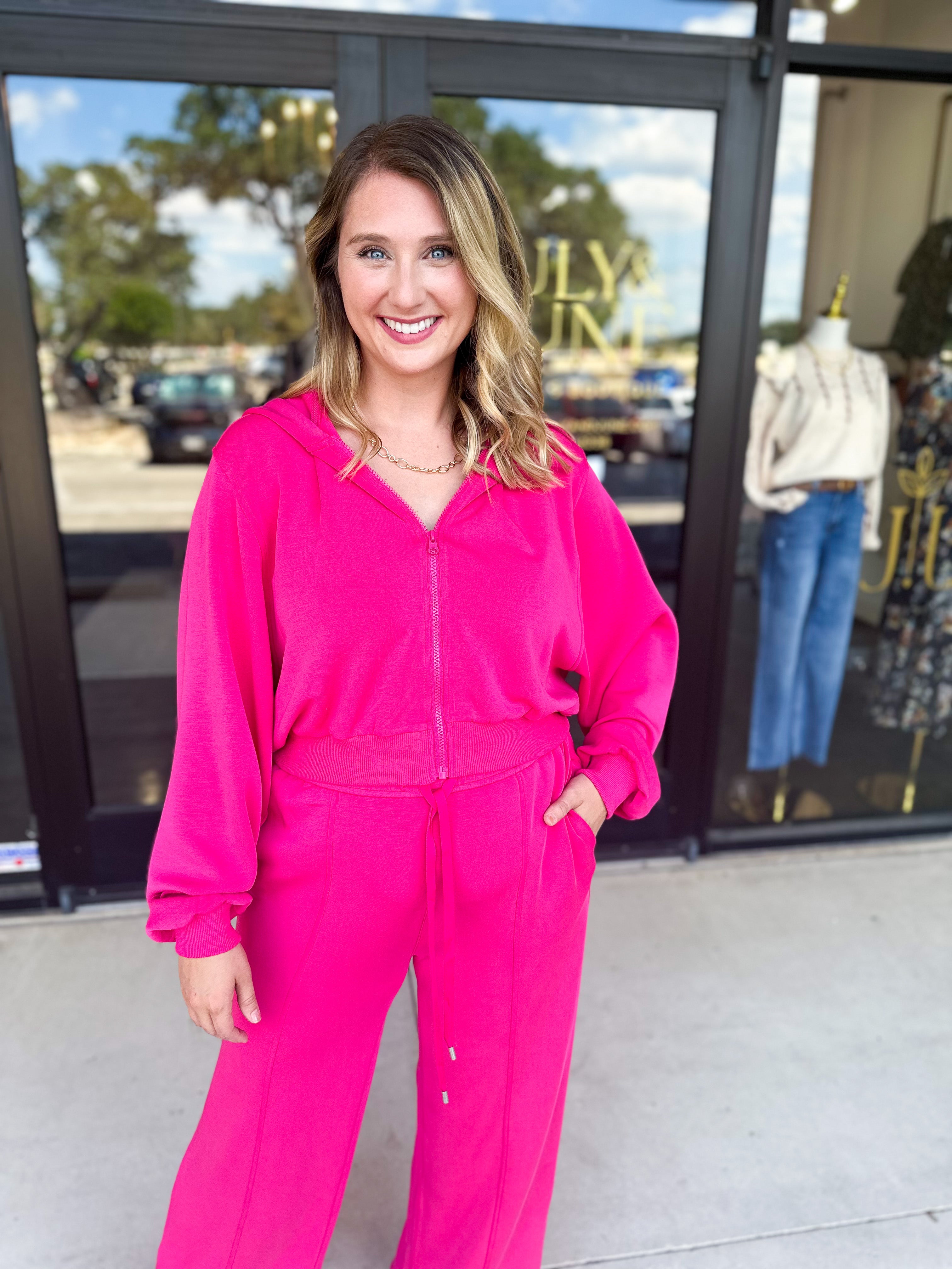 Soft Modal Hooded Jacket - Fuchsia Pink-300 Athleisure/Lounge-SKIES ARE BLUE-July & June Women's Fashion Boutique Located in San Antonio, Texas