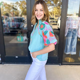 THML - Spring Florals Embroidered Blouse- Light Blue-200 Fashion Blouses-THML-July & June Women's Fashion Boutique Located in San Antonio, Texas