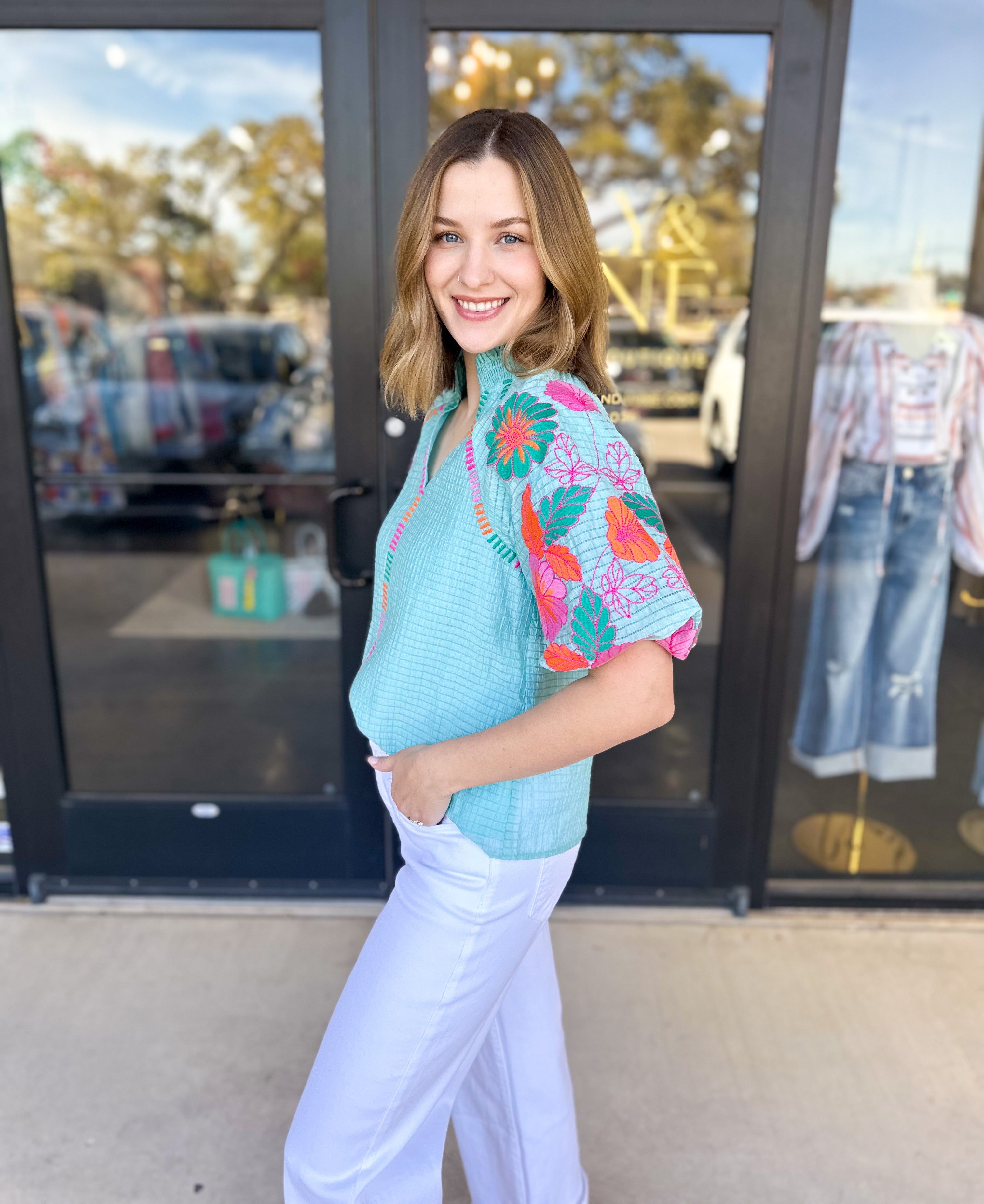 THML - Spring Florals Embroidered Blouse- Light Blue-200 Fashion Blouses-THML-July & June Women's Fashion Boutique Located in San Antonio, Texas