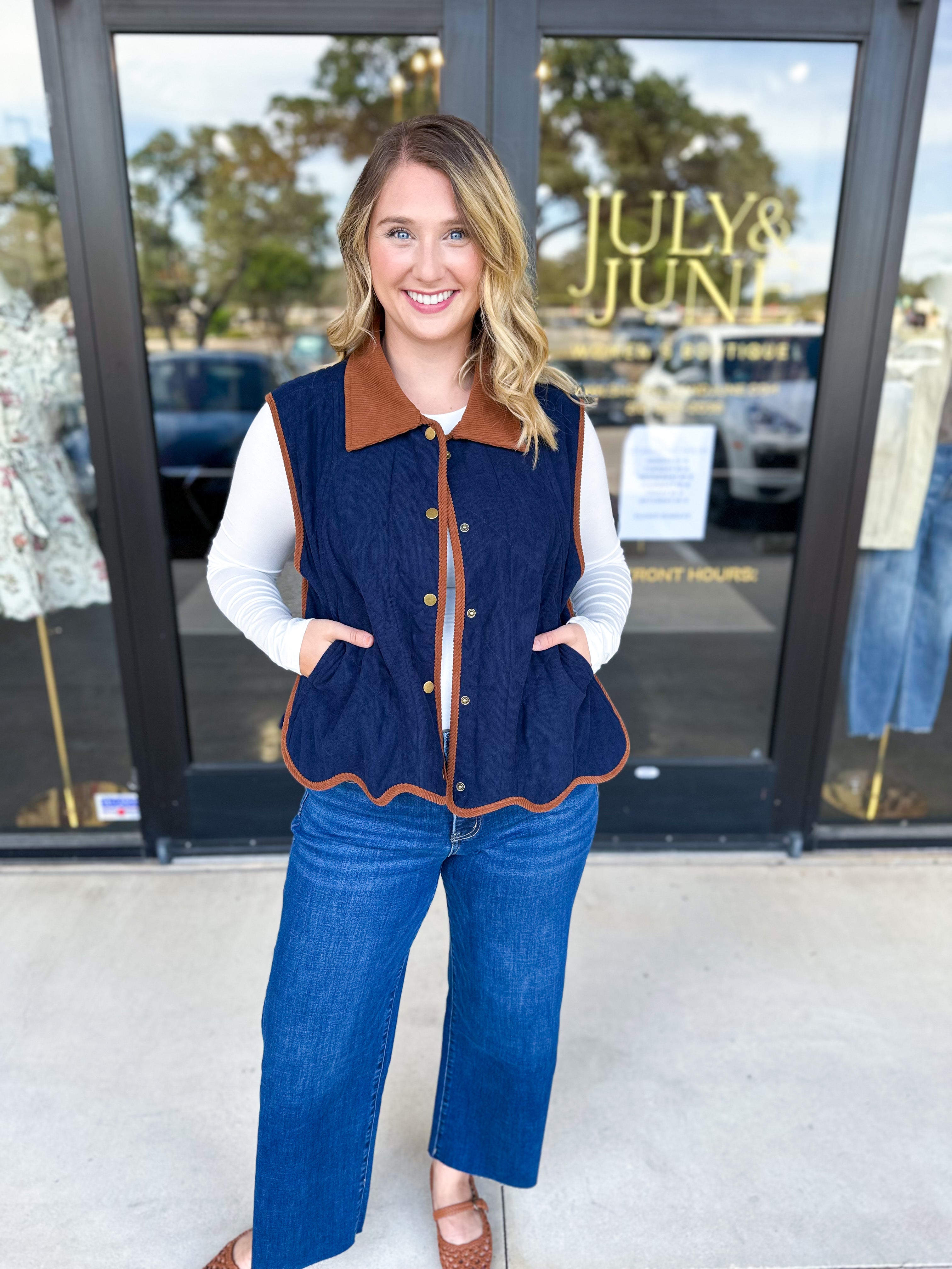 Navy & Suede Vest-600 Outerwear-ENTRO-July & June Women's Fashion Boutique Located in San Antonio, Texas