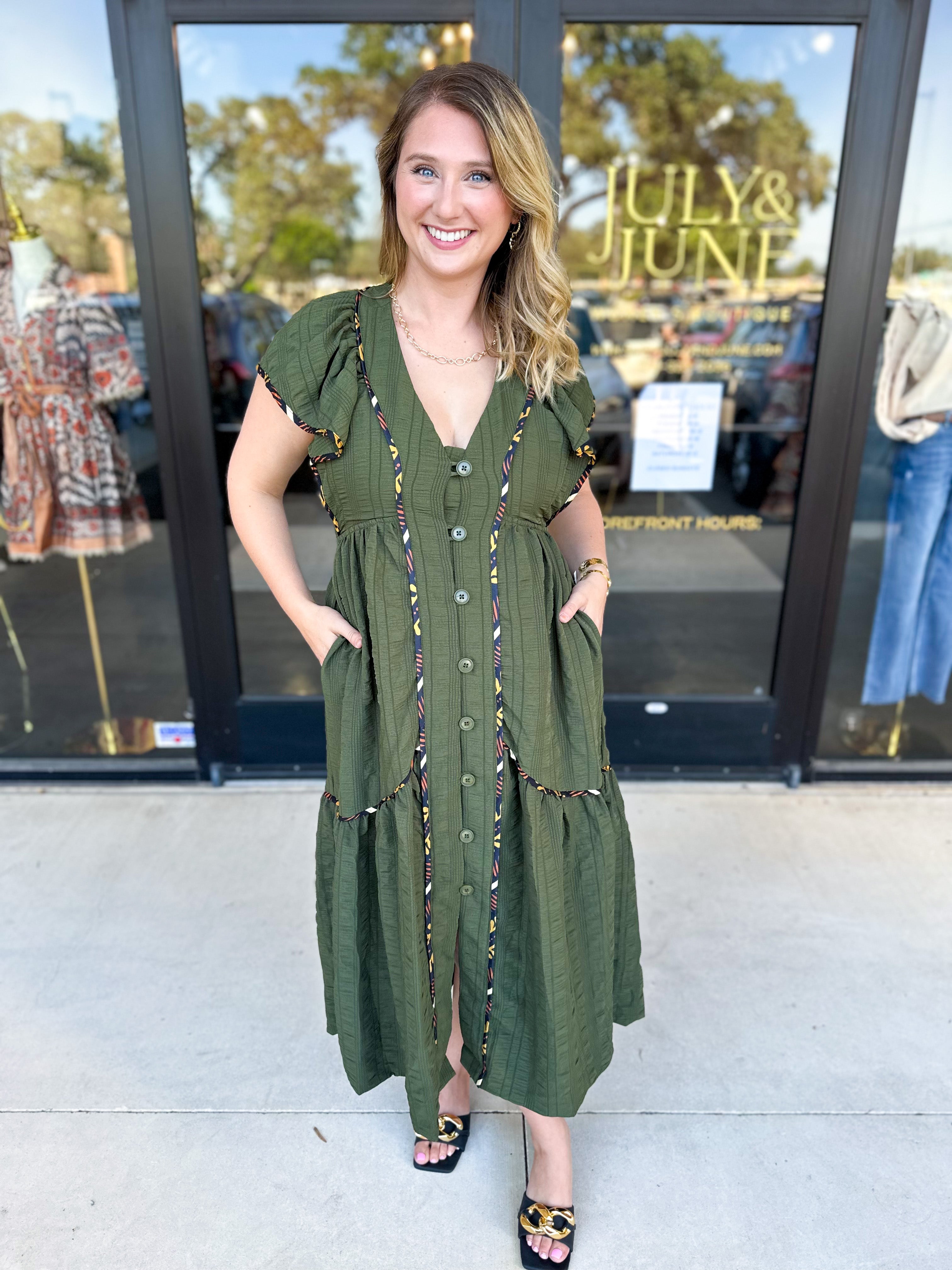 THML - Dark Olive Midi Dress-500 Midi-THML-July & June Women's Fashion Boutique Located in San Antonio, Texas