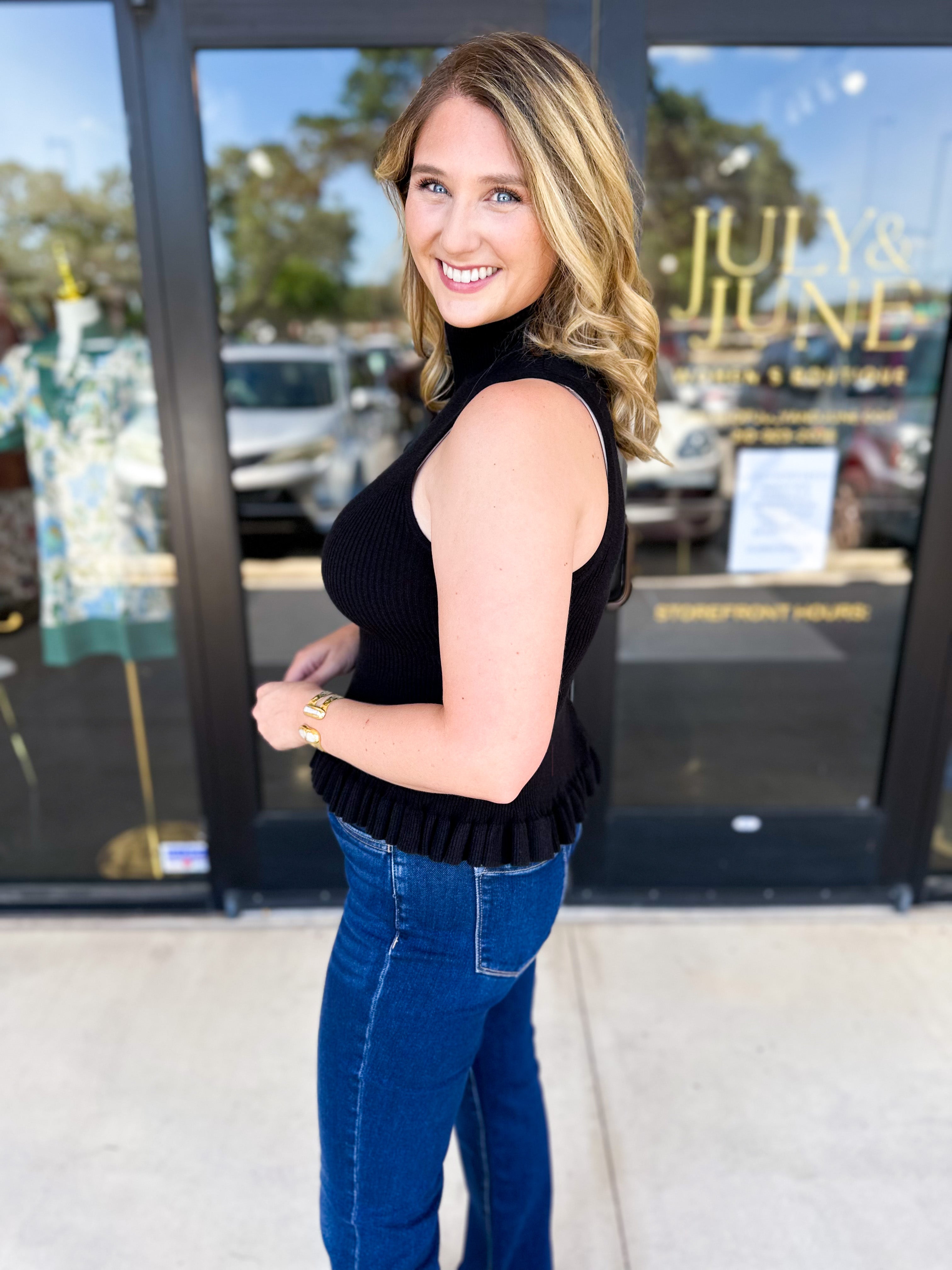 Ruffle Knit Tank Top - Black-230 Sweaters/Cardis-FATE-July & June Women's Fashion Boutique Located in San Antonio, Texas