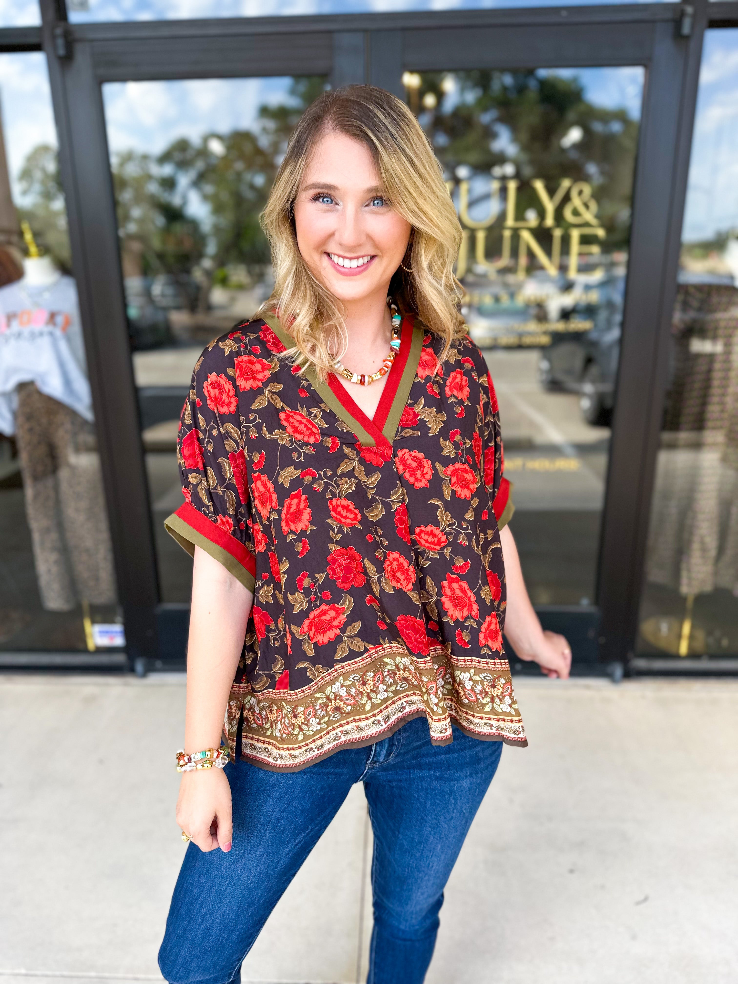 Fall Garden Blouse - Black-200 Fashion Blouses-ENTRO-July & June Women's Fashion Boutique Located in San Antonio, Texas