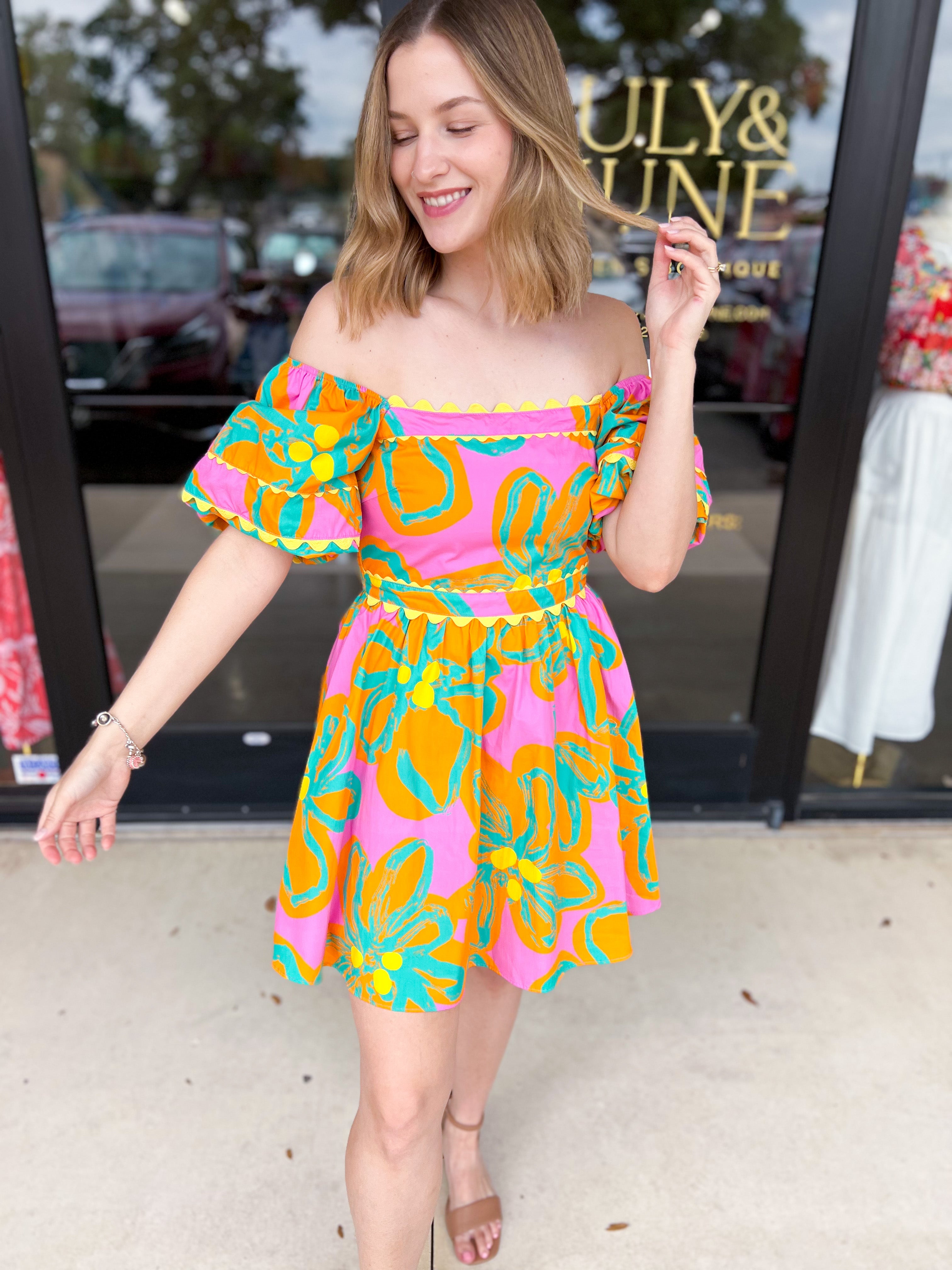 Bold Print Pink & Orange Mini Dress-510 Mini-PEACH LOVE-July & June Women's Fashion Boutique Located in San Antonio, Texas