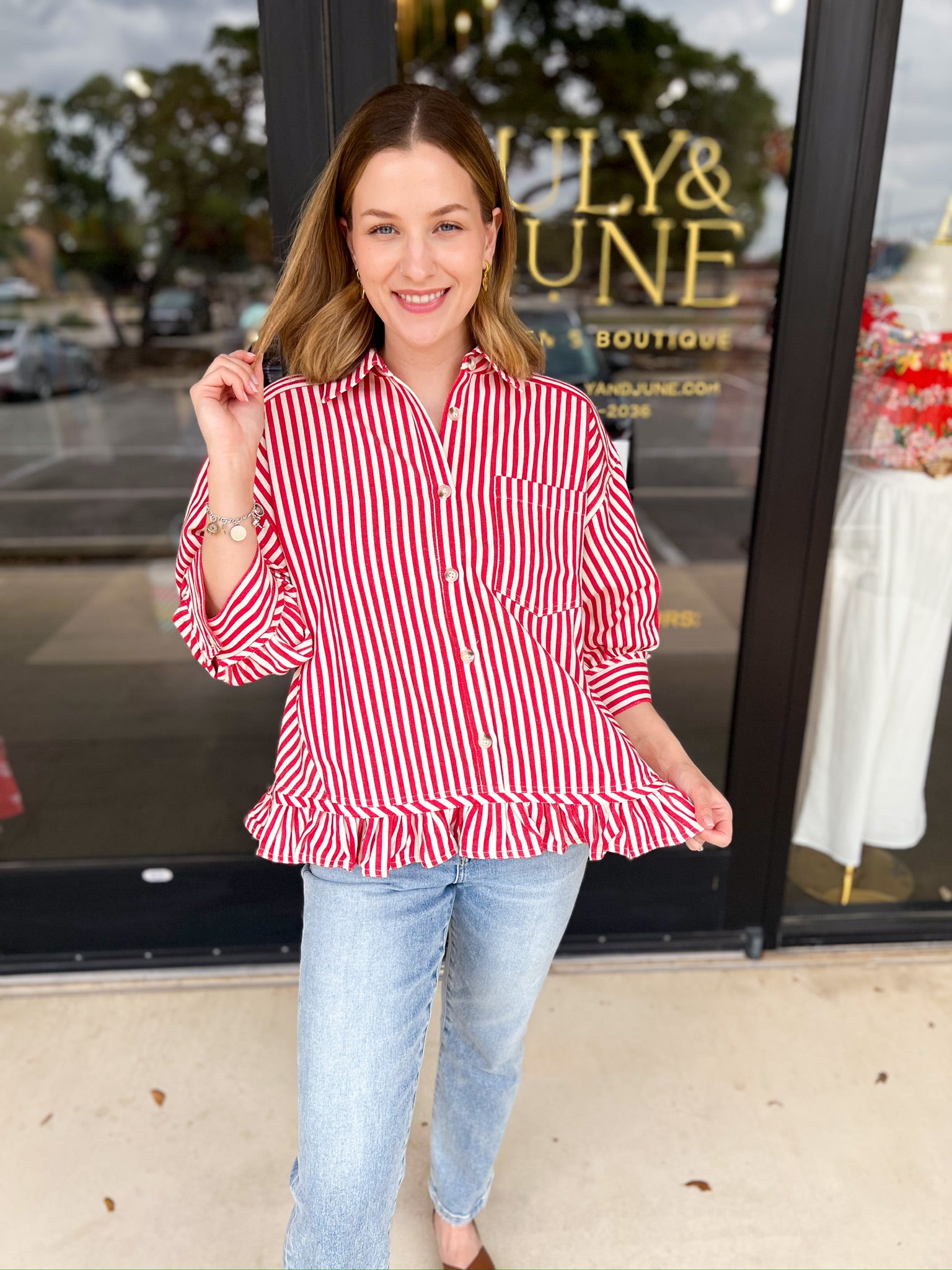 Sweetheart Denim Button Down - Red-200 Fashion Blouses-FATE-July & June Women's Fashion Boutique Located in San Antonio, Texas