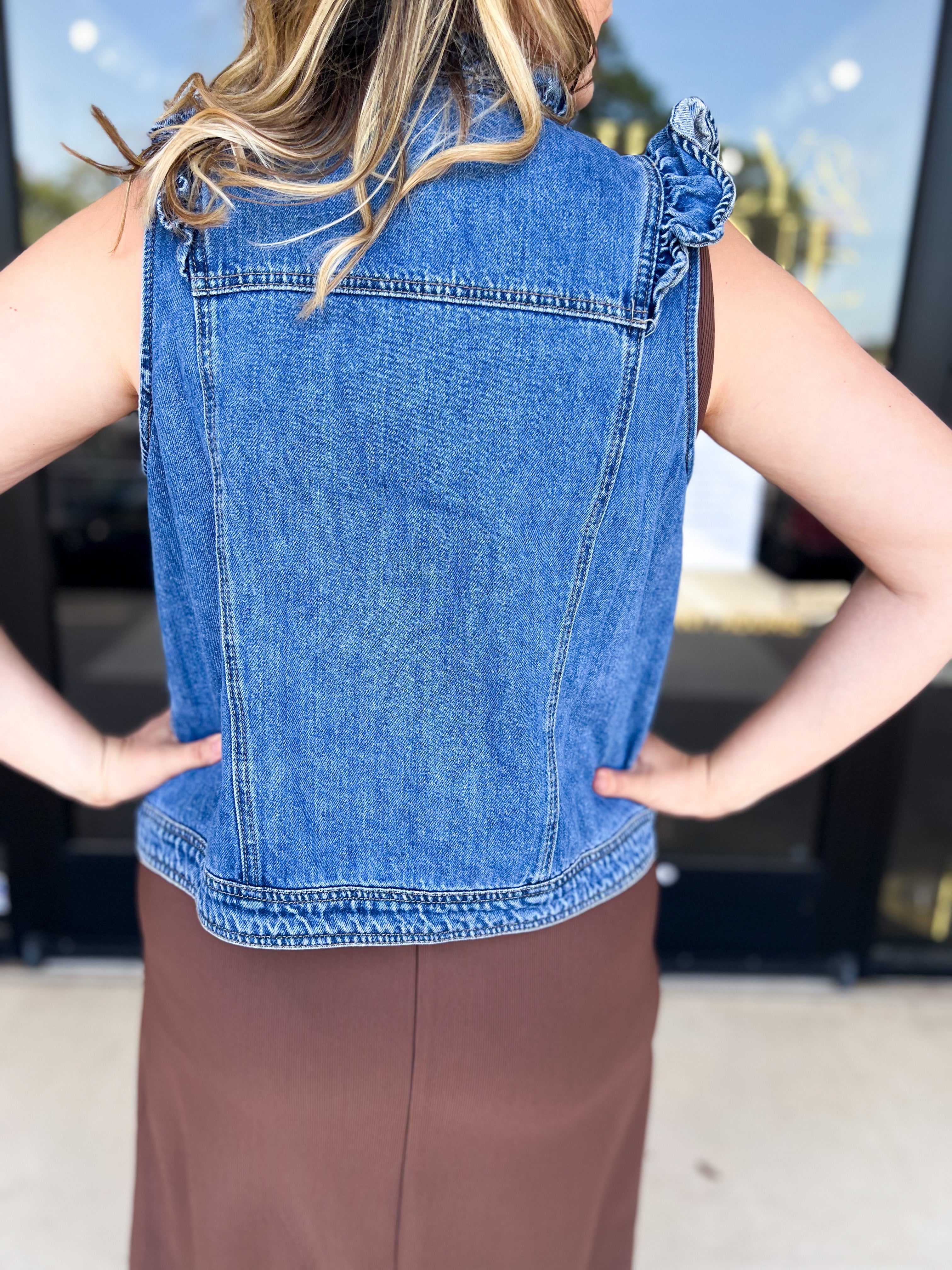Ruffled Denim Vest-600 Outerwear-LISTICLE-July & June Women's Fashion Boutique Located in San Antonio, Texas