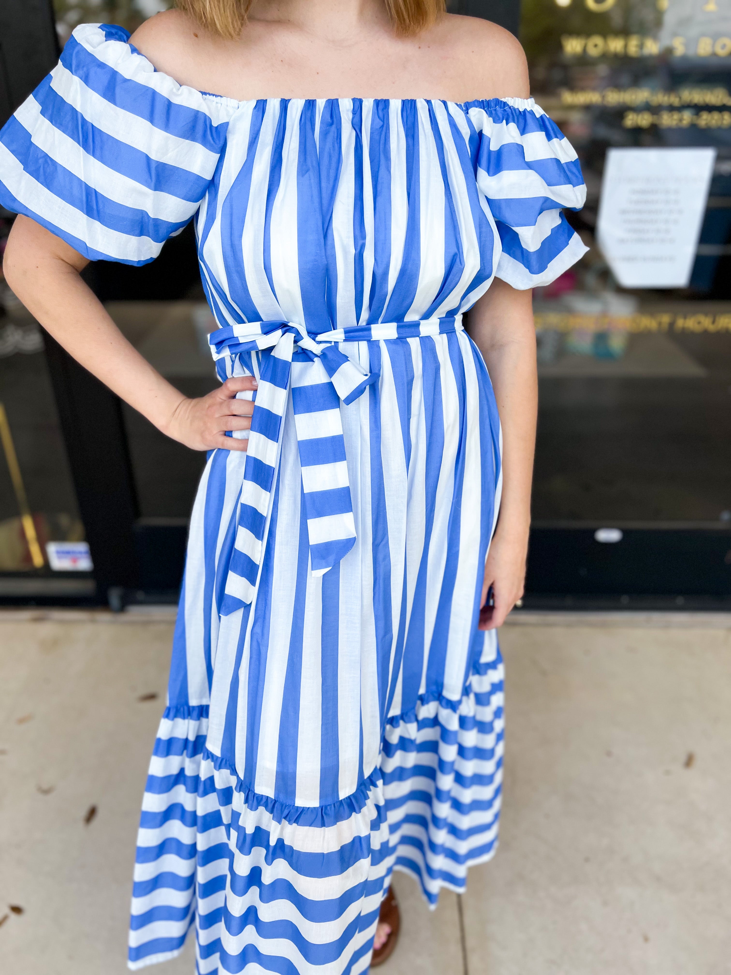 Beauty In Blue Stripes Midi Dress-500 Midi-PINCH-July & June Women's Fashion Boutique Located in San Antonio, Texas