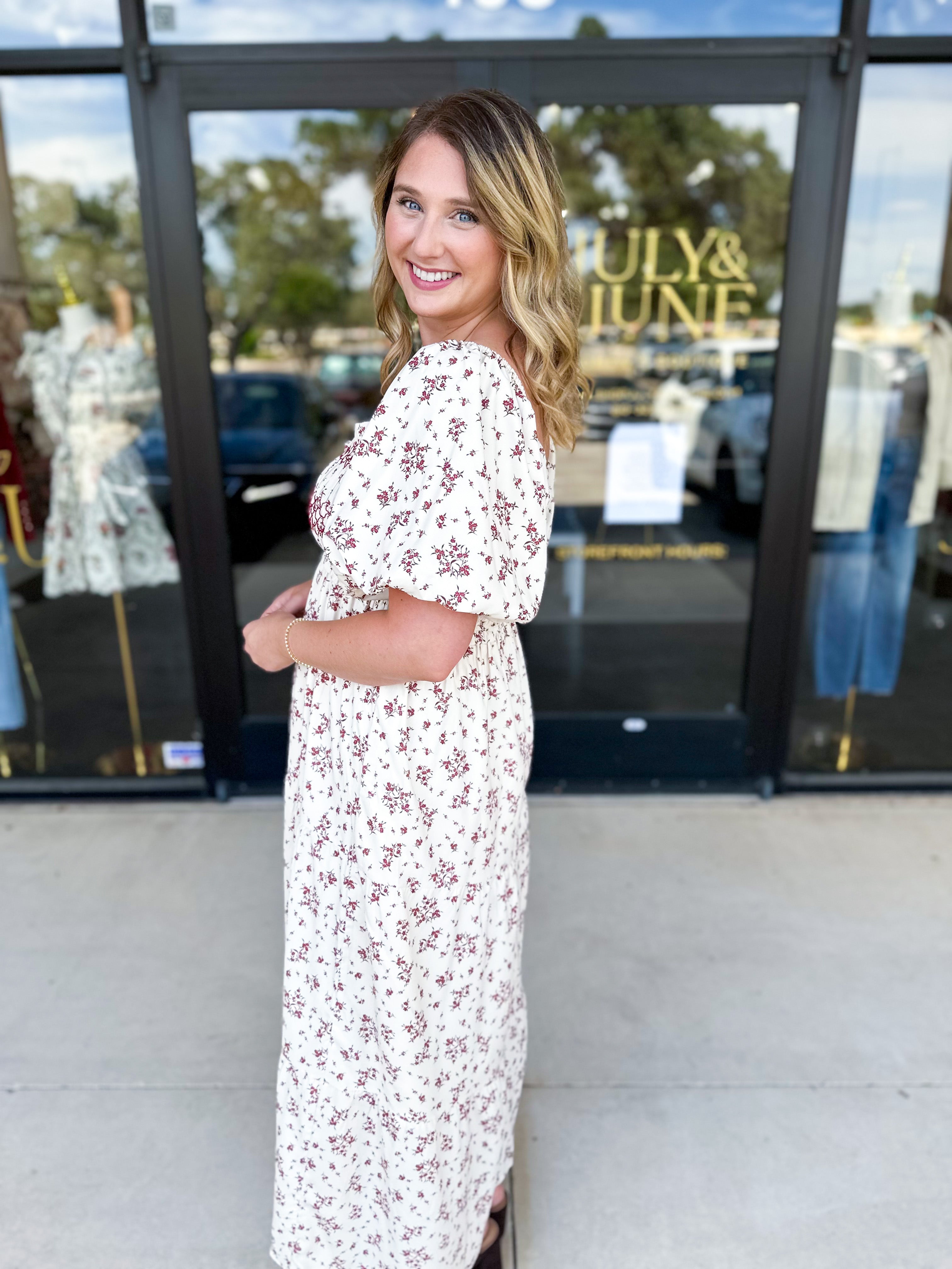 Burgundy Vintage Floral Midi Dress-500 Midi-POLOGRAM-July & June Women's Fashion Boutique Located in San Antonio, Texas