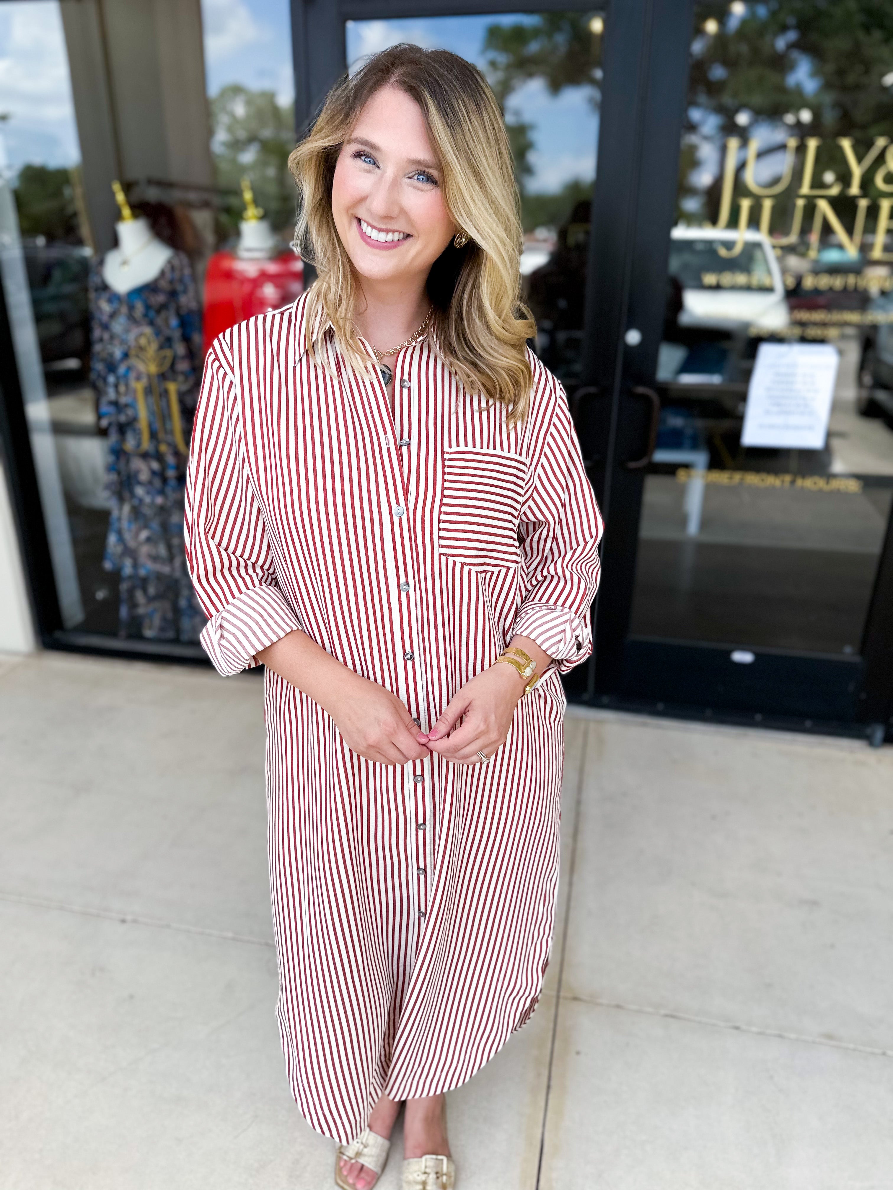 Button Down Casual Midi Dress - Rust-500 Midi-ENTRO-July & June Women's Fashion Boutique Located in San Antonio, Texas