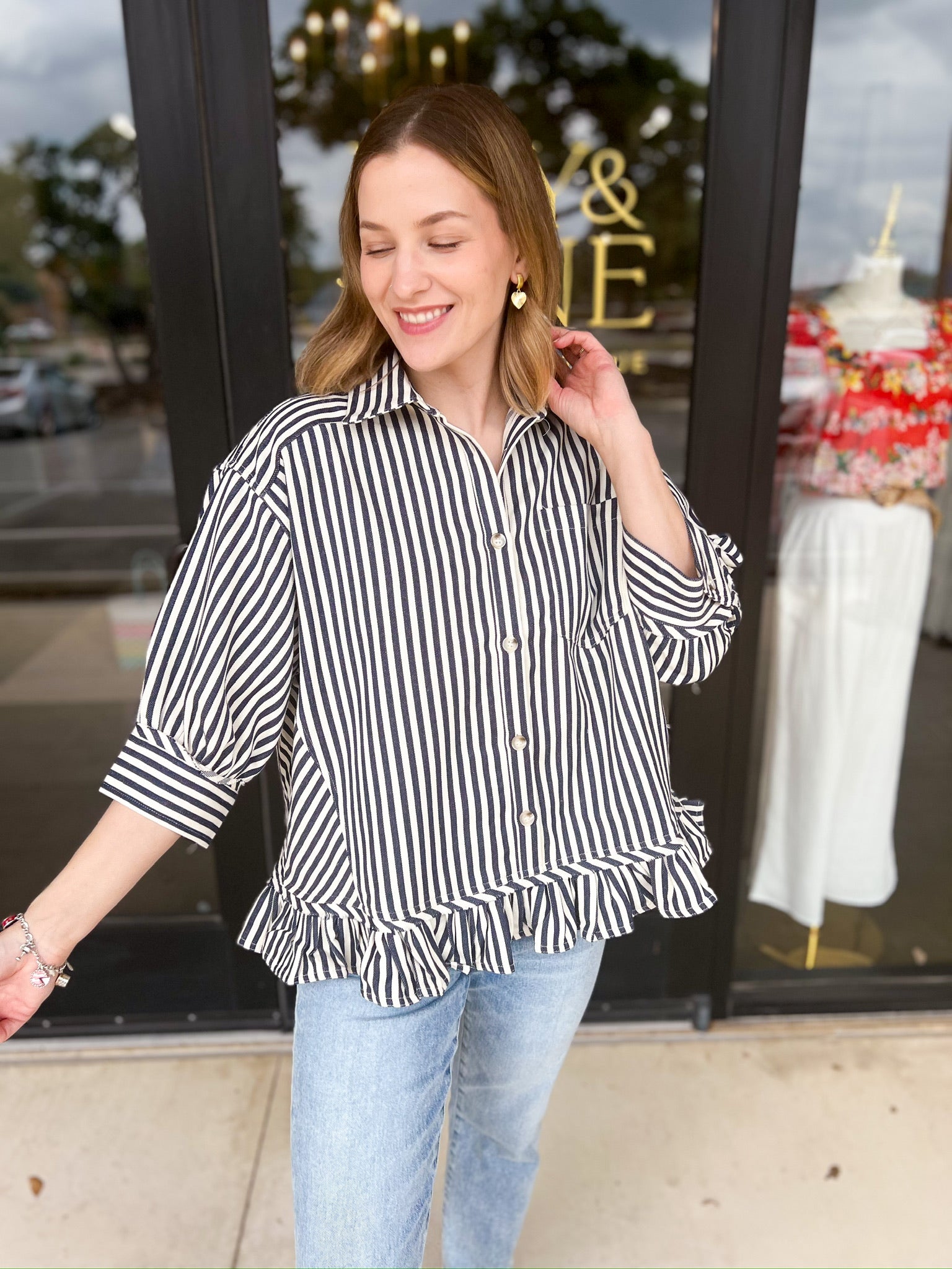 Sweetheart Denim Button Down - Navy-200 Fashion Blouses-FATE-July & June Women's Fashion Boutique Located in San Antonio, Texas