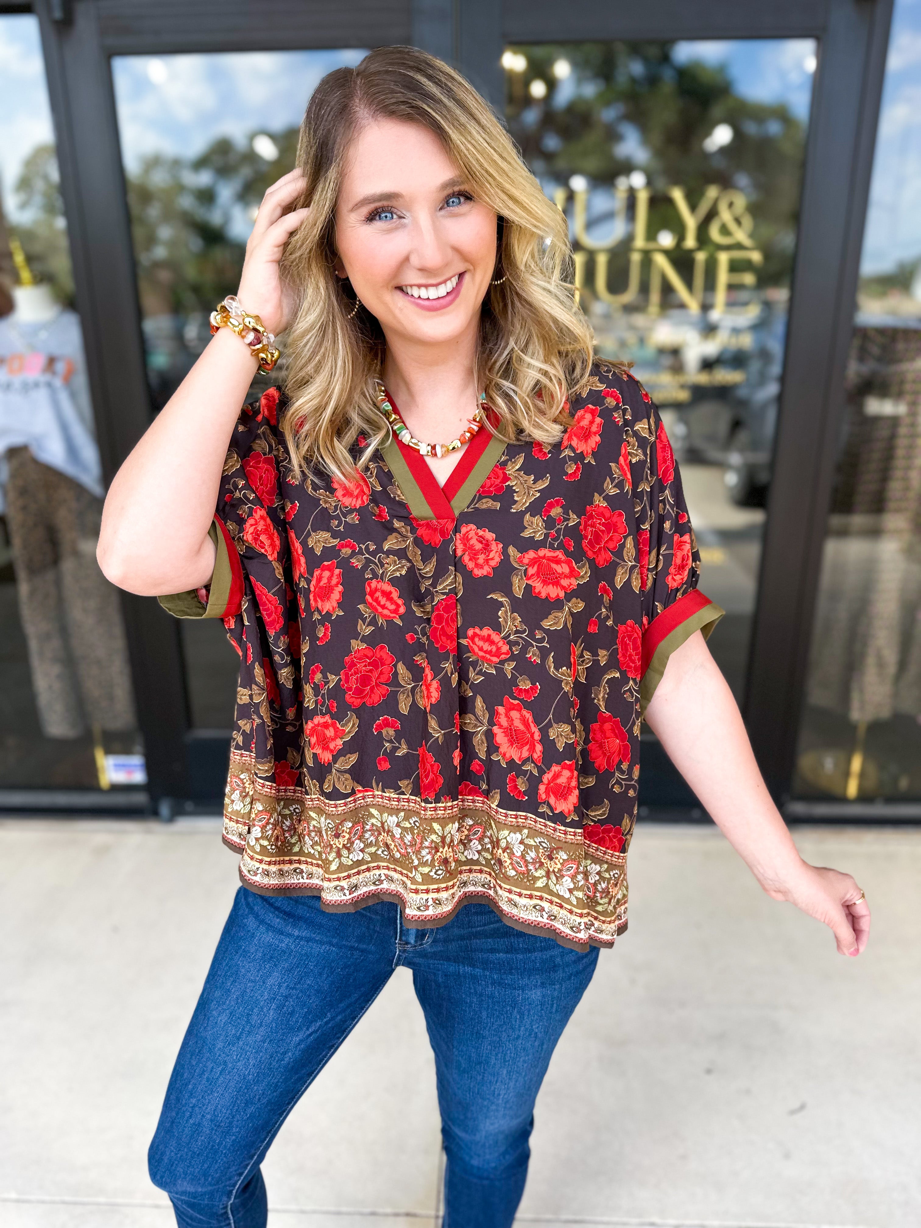 Fall Garden Blouse - Black-200 Fashion Blouses-ENTRO-July & June Women's Fashion Boutique Located in San Antonio, Texas