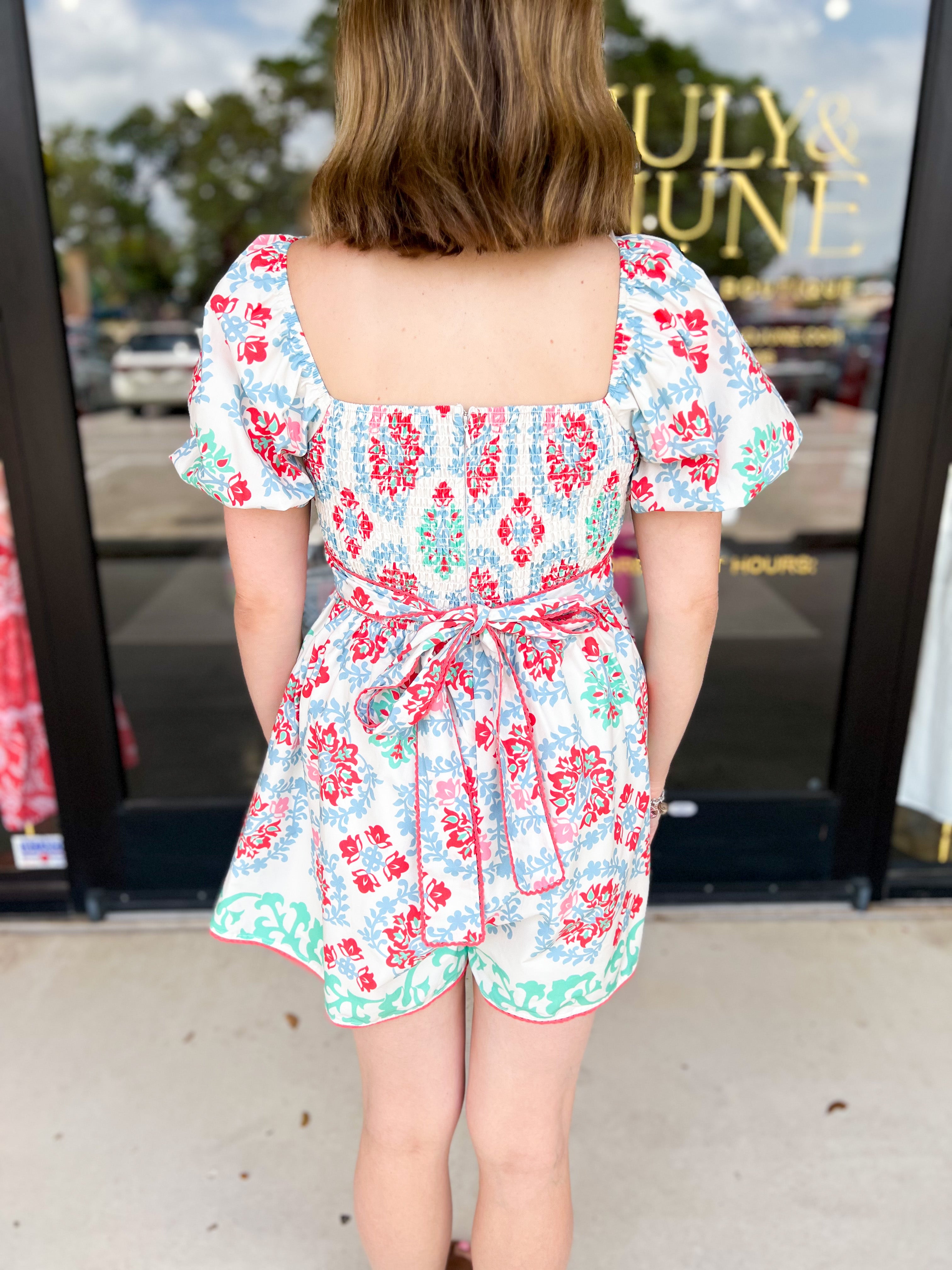 Border Print Puff Sleeve Romper-510 Mini-PEACH LOVE-July & June Women's Fashion Boutique Located in San Antonio, Texas