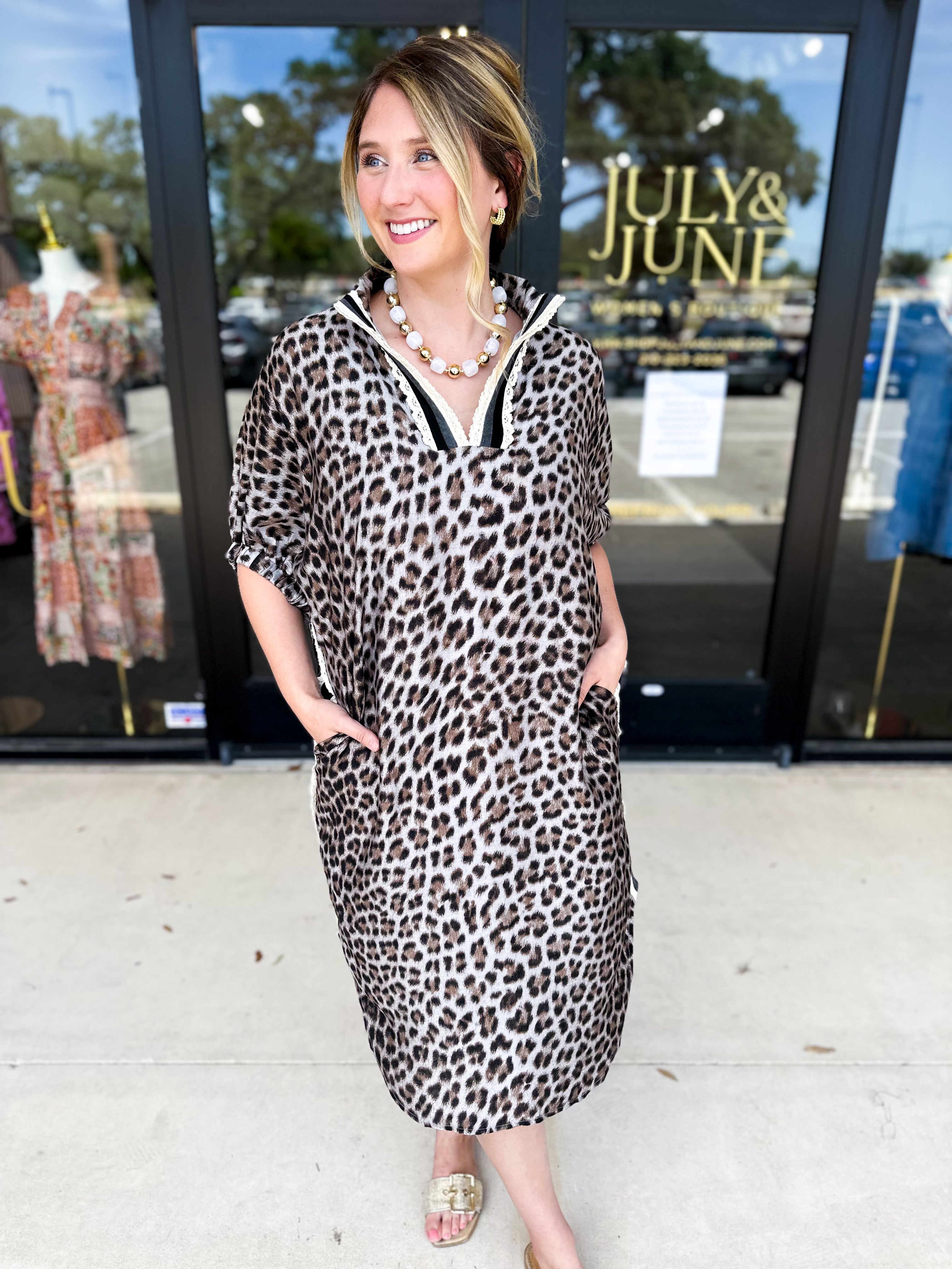 Leopard Caftan Midi Dress - Grey-500 Midi-ENTRO-July & June Women's Fashion Boutique Located in San Antonio, Texas