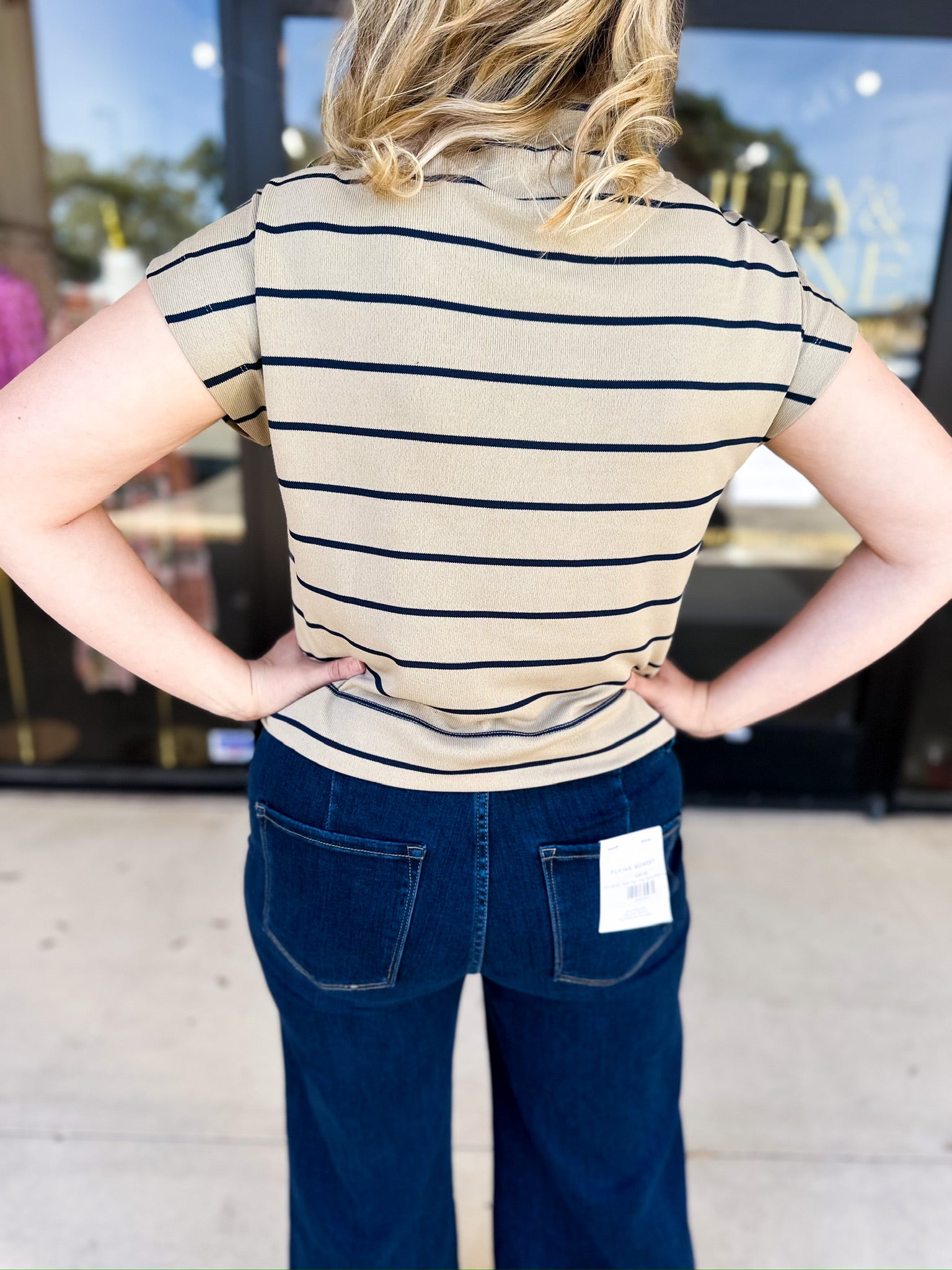 Oatmeal Stripe Comfy Tee-210 Casual Blouses-ENTRO-July & June Women's Fashion Boutique Located in San Antonio, Texas