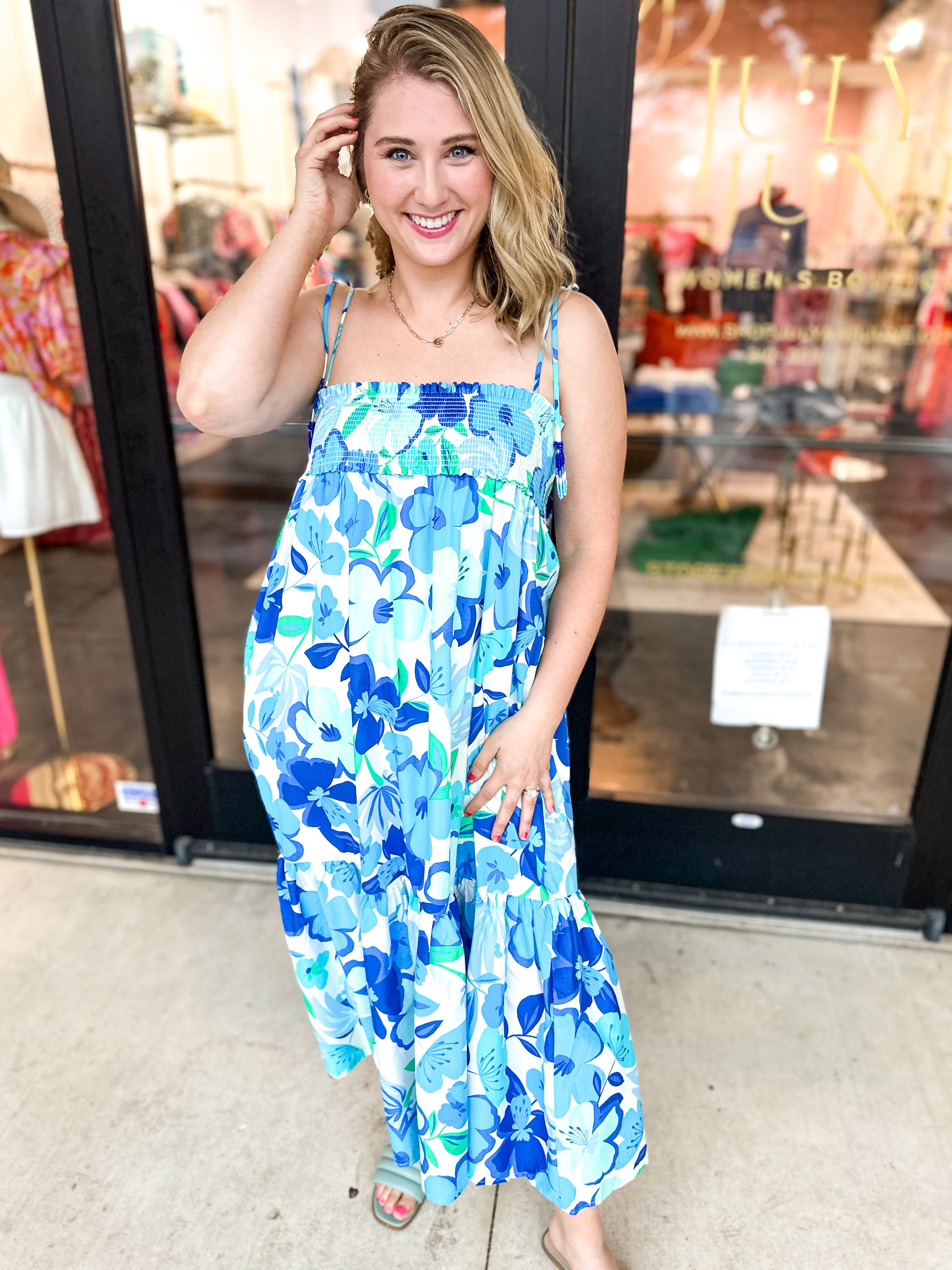 Tropical Beauty Midi Dress - Blue-500 Midi-FATE-July & June Women's Fashion Boutique Located in San Antonio, Texas