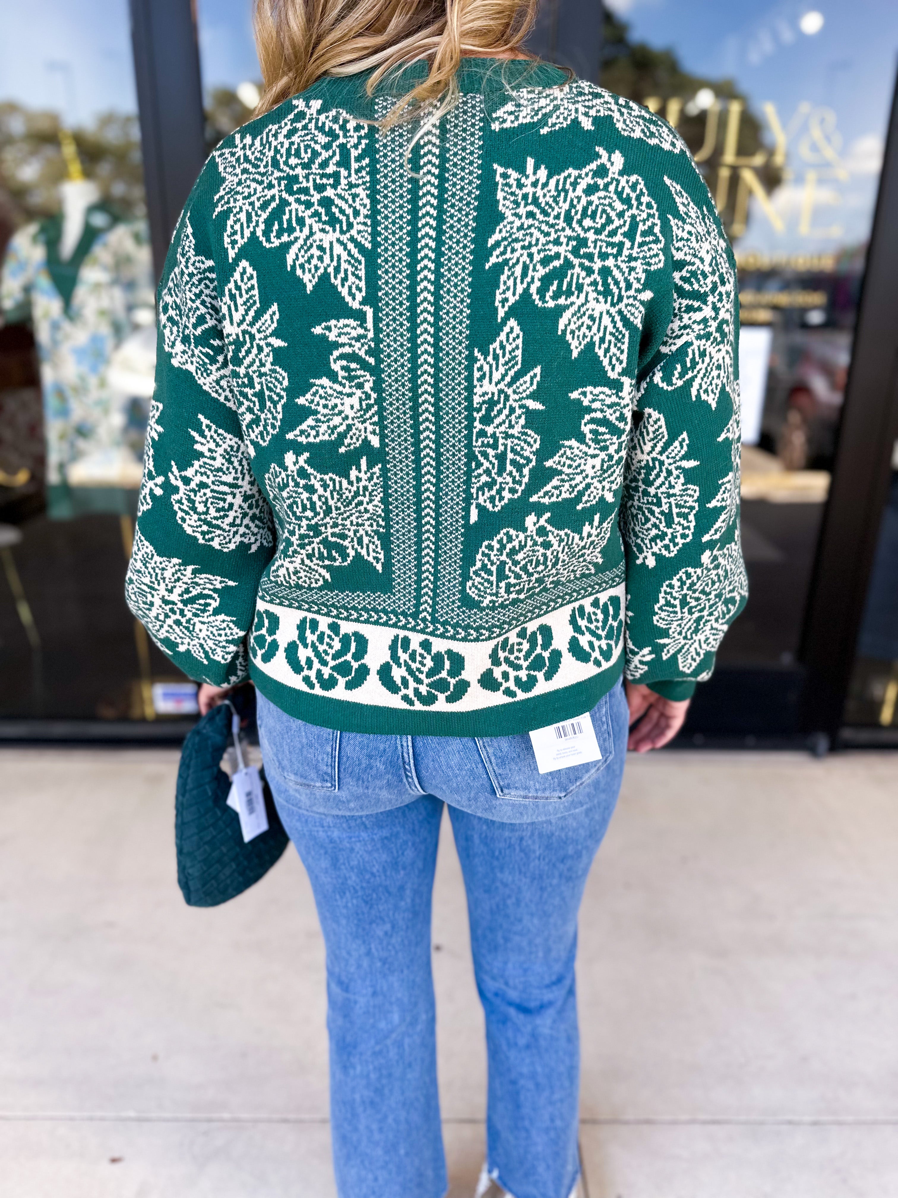 Pine Green Floral Sweater-230 Sweaters/Cardis-ENTRO-July & June Women's Fashion Boutique Located in San Antonio, Texas