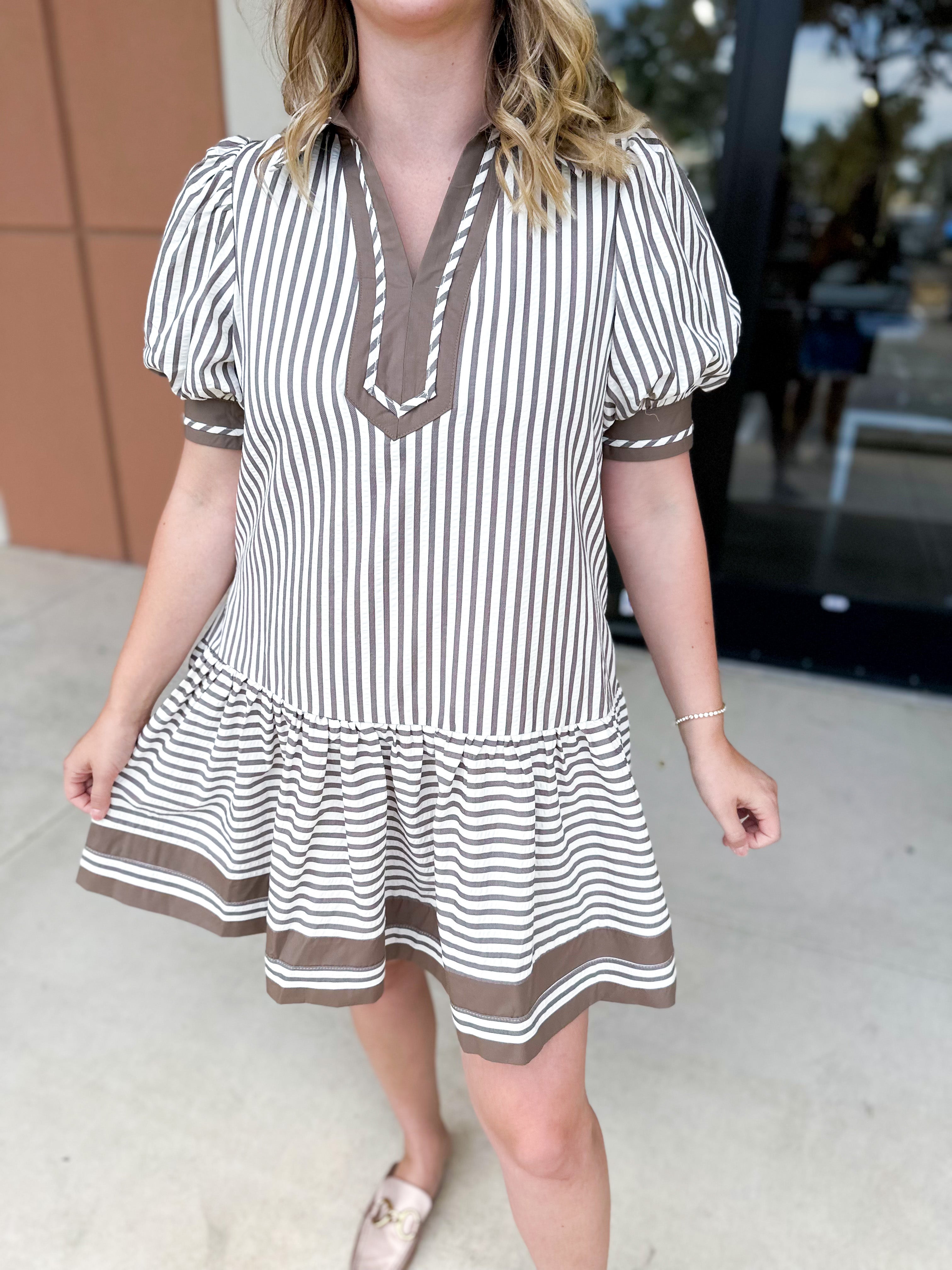 Mocha Stripe Mini Dress-510 Mini-ENTRO-July & June Women's Fashion Boutique Located in San Antonio, Texas