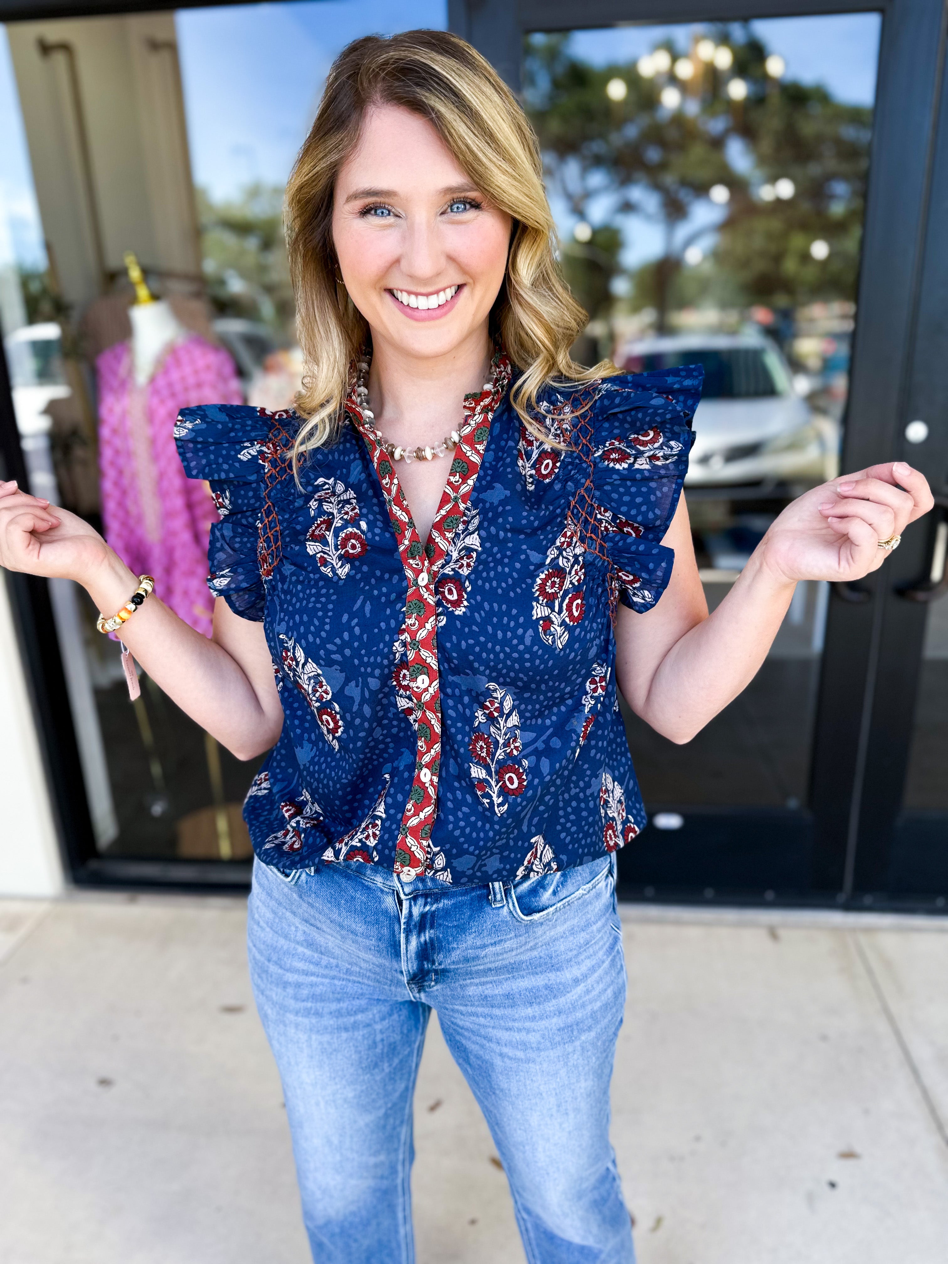 THML - Navy & Rust Blouse-200 Fashion Blouses-THML-July & June Women's Fashion Boutique Located in San Antonio, Texas