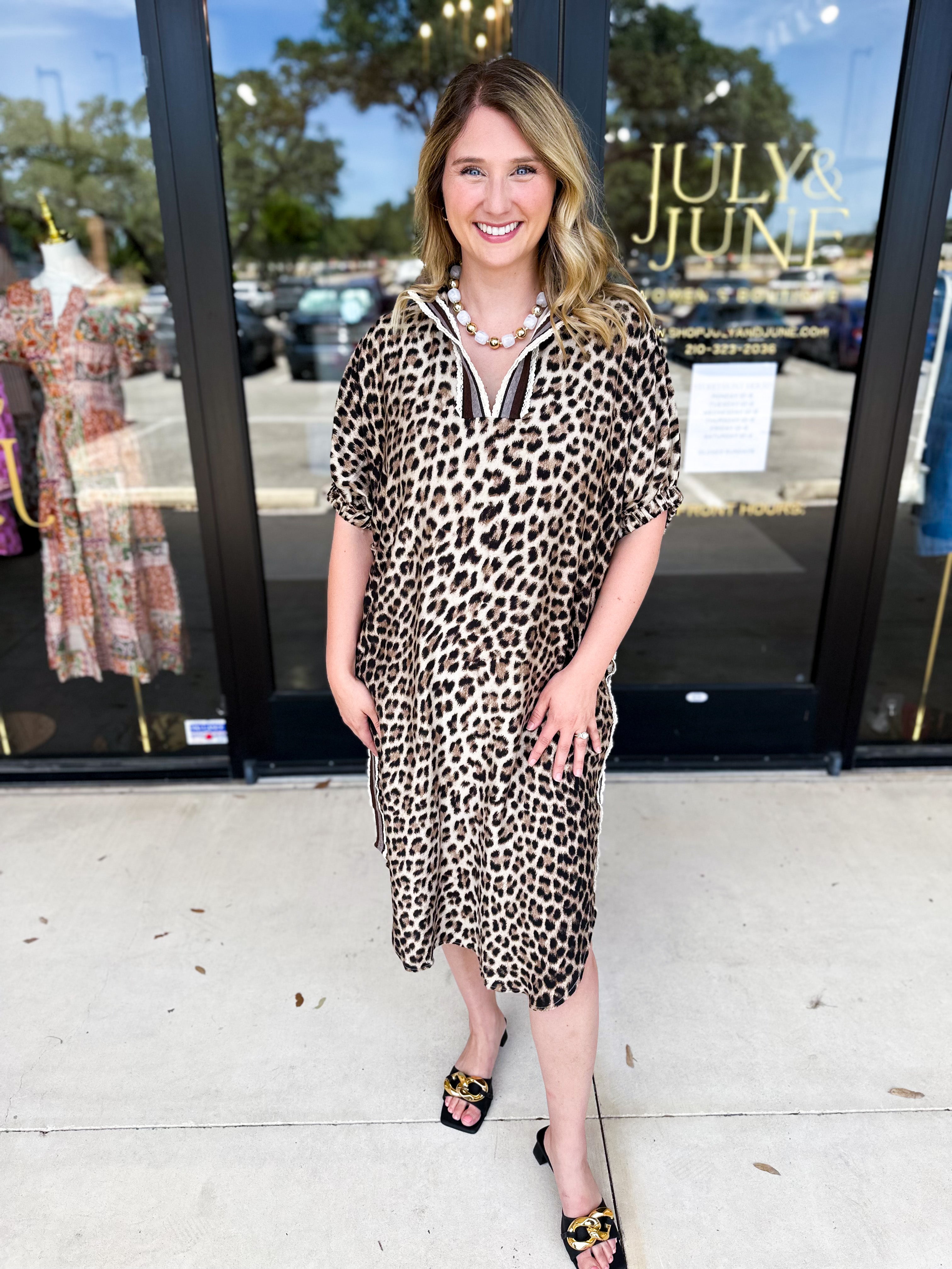 Leopard Caftan Midi Dress - Mocha-500 Midi-ENTRO-July & June Women's Fashion Boutique Located in San Antonio, Texas