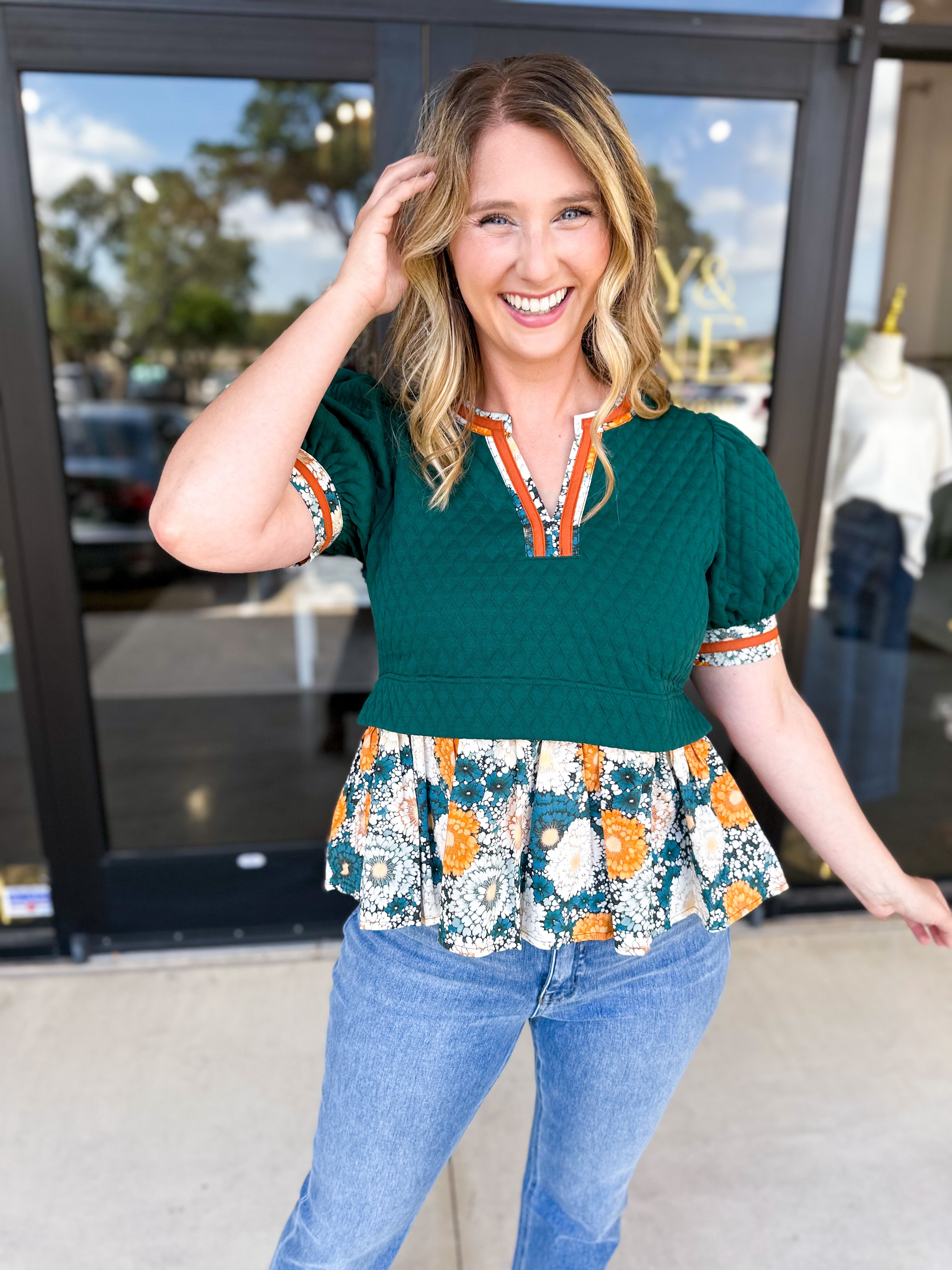 Green Harvest Blouse-200 Fashion Blouses-ENTRO-July & June Women's Fashion Boutique Located in San Antonio, Texas