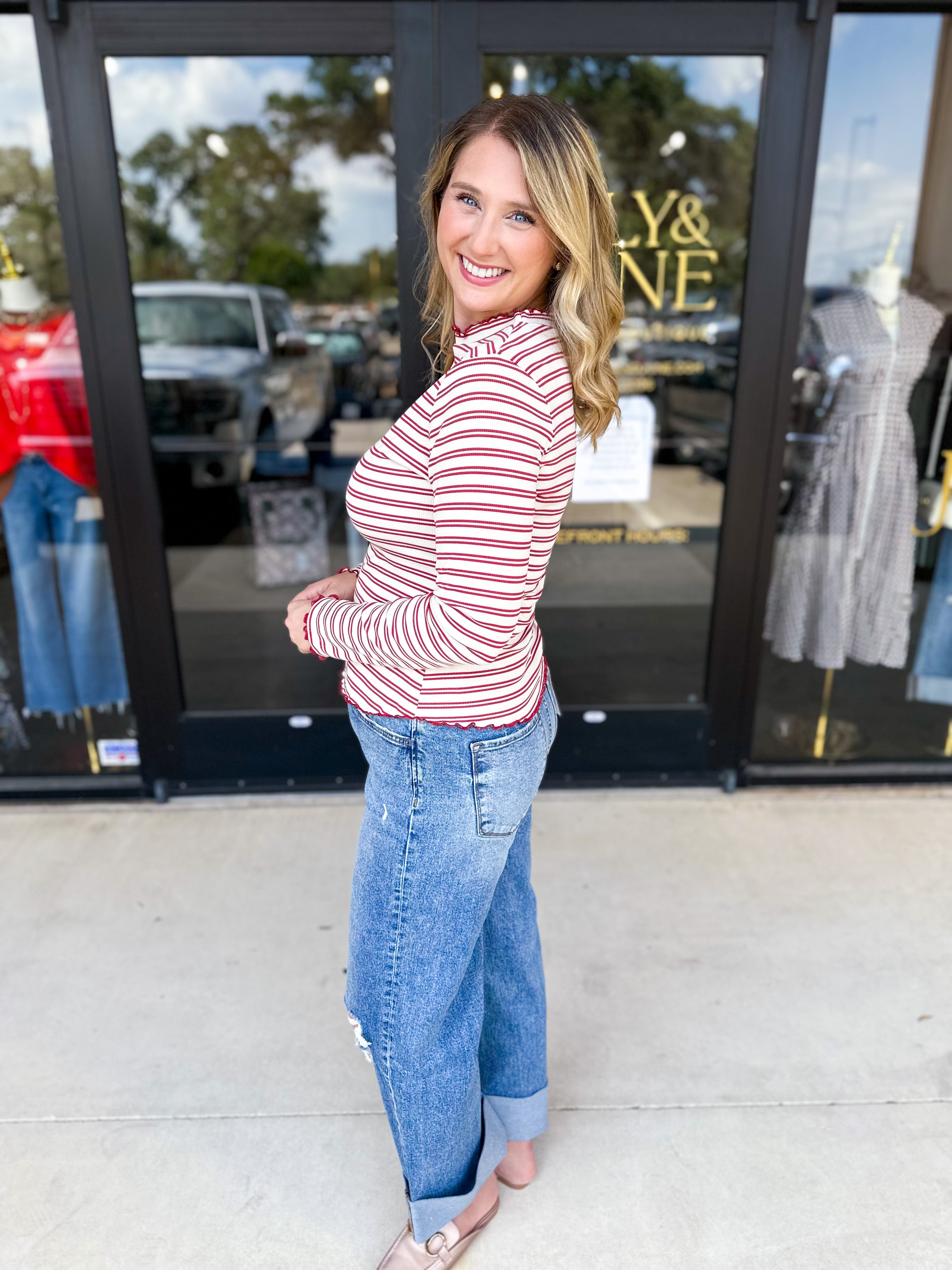 Stripe Mock Neck Long Sleeve - Marsala-210 Casual Blouses-POLOGRAM-July & June Women's Fashion Boutique Located in San Antonio, Texas