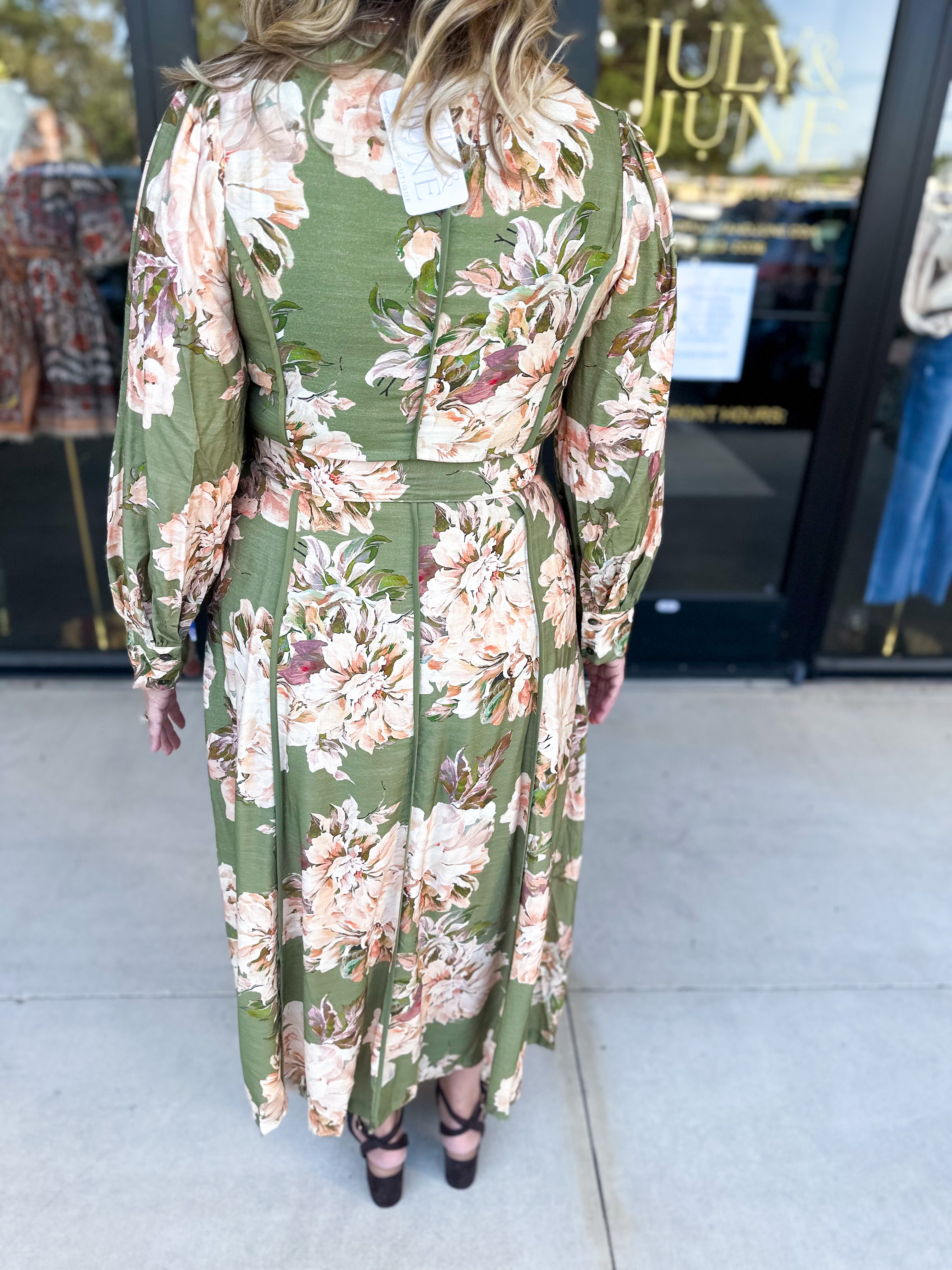 Fall Meadows Midi Dress - Olive-500 Midi-ENTRO-July & June Women's Fashion Boutique Located in San Antonio, Texas