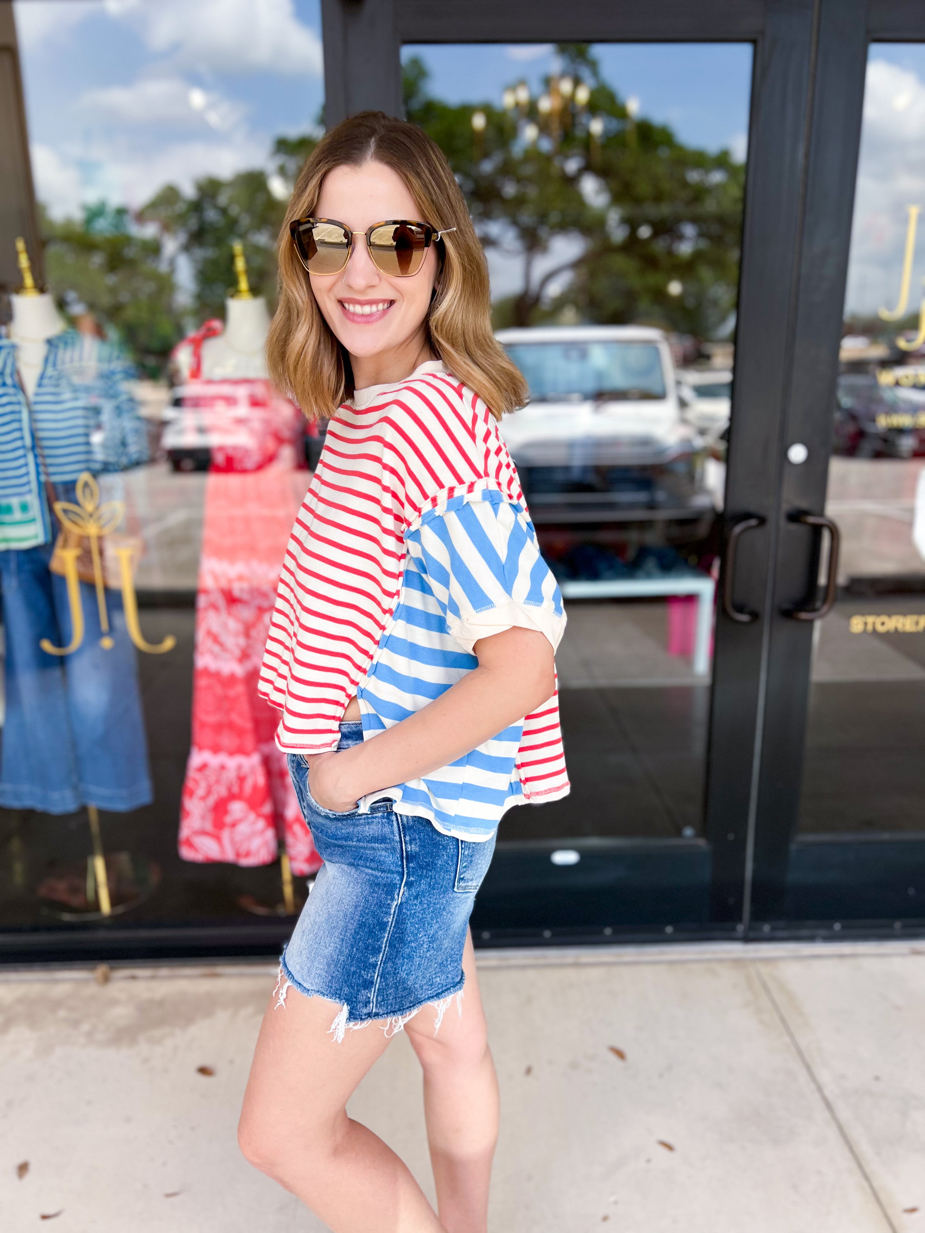 Blue & Red Colorblock Tee-210 Casual Blouses-PEACH LOVE-July & June Women's Fashion Boutique Located in San Antonio, Texas