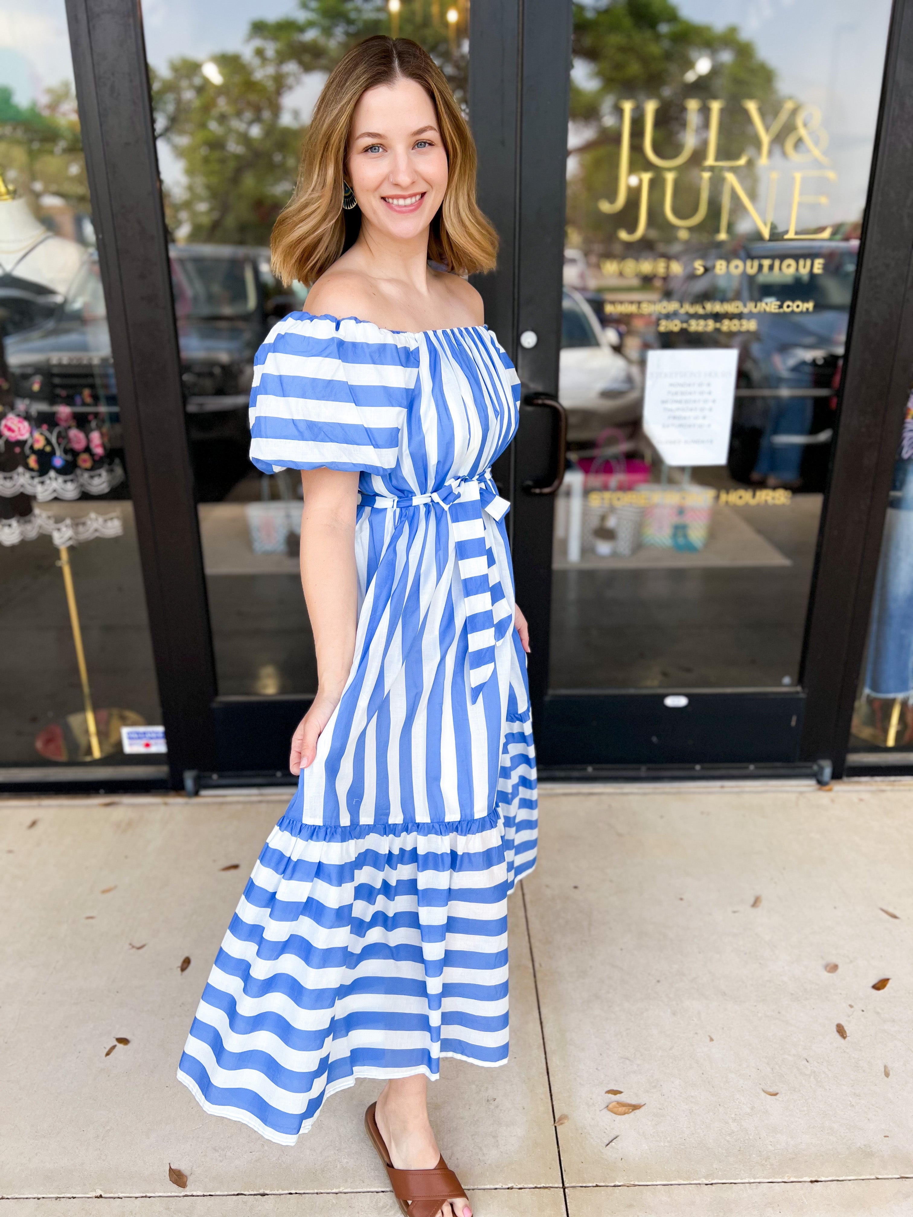 Beauty In Blue Stripes Midi Dress-500 Midi-PINCH-July & June Women's Fashion Boutique Located in San Antonio, Texas