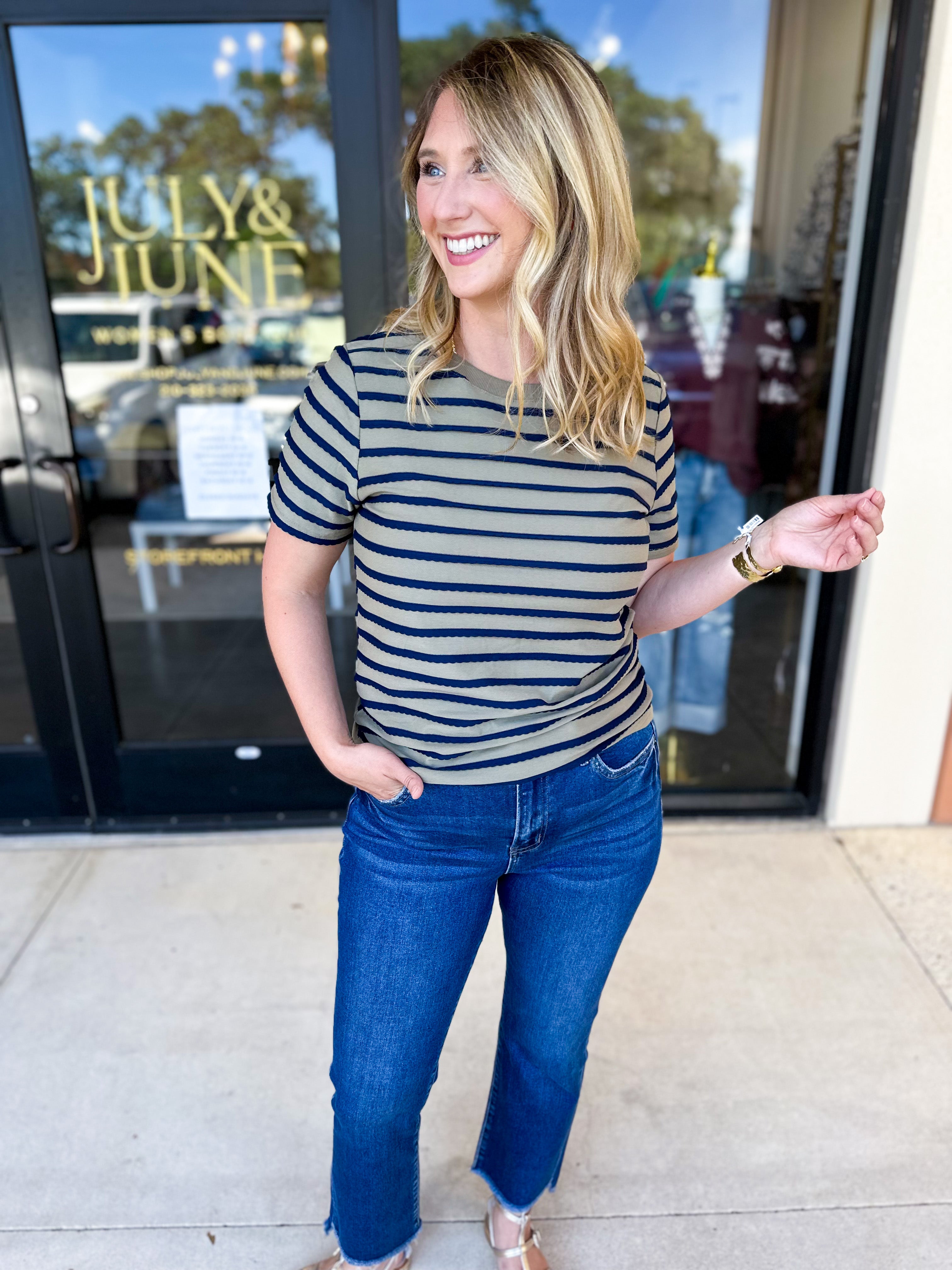 Striped Round Neck Tee - Olive-210 Casual Blouses-POLOGRAM-July & June Women's Fashion Boutique Located in San Antonio, Texas