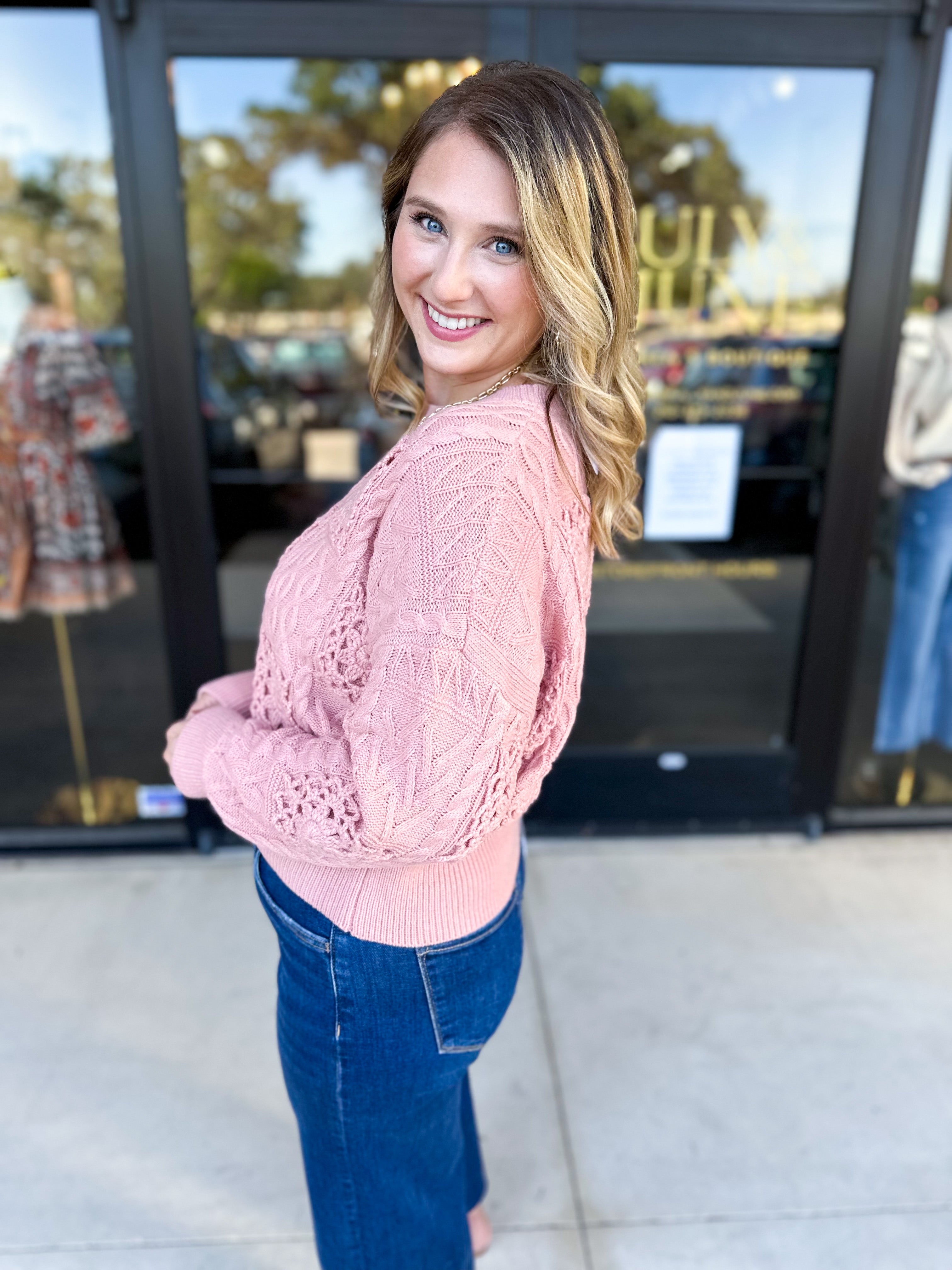 Blush Crochet Sweater-230 Sweaters/Cardis-LISTICLE-July & June Women's Fashion Boutique Located in San Antonio, Texas