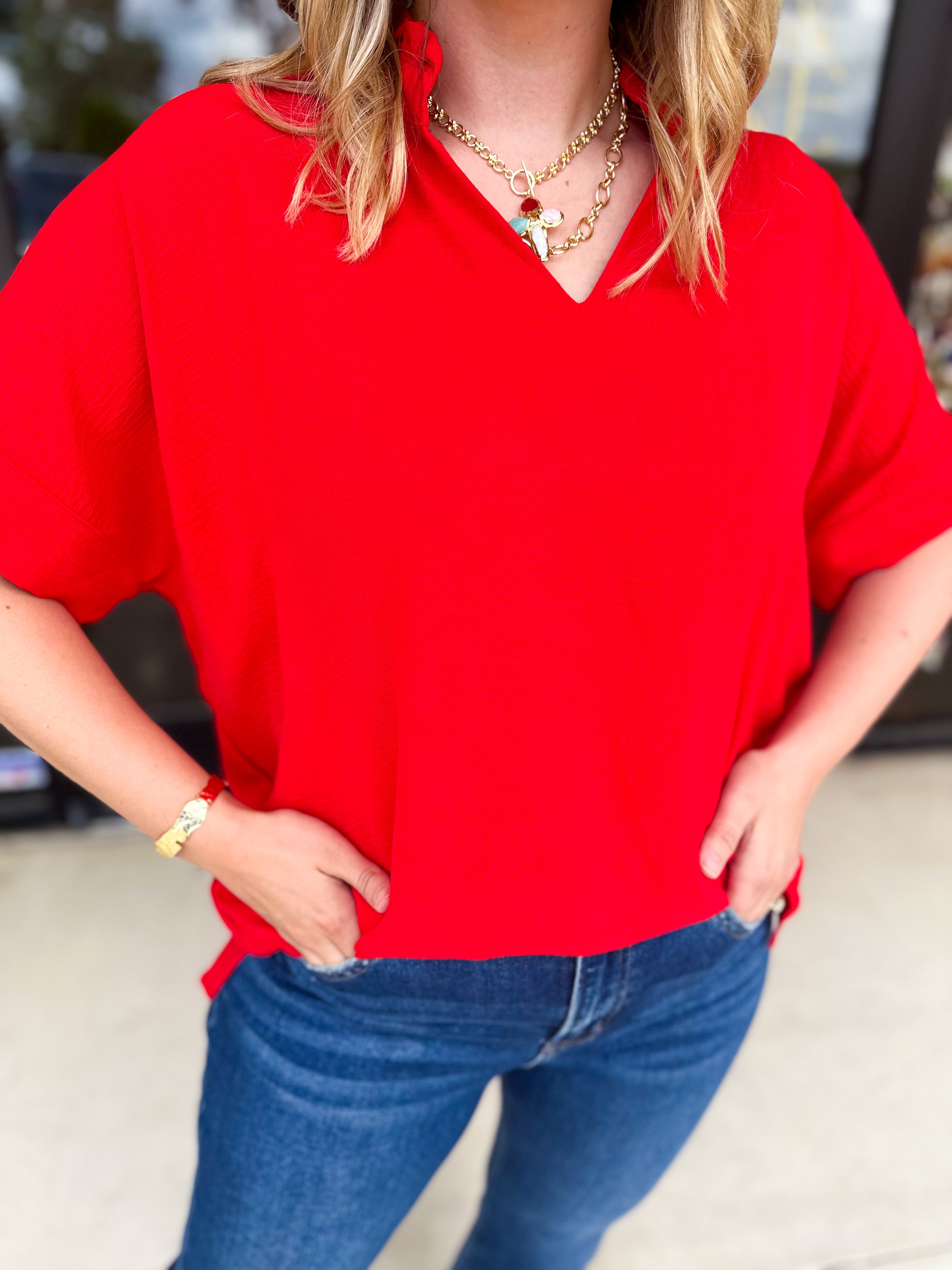 Everyday Oversized Blouse - Red-200 Fashion Blouses-JODIFL-July & June Women's Fashion Boutique Located in San Antonio, Texas