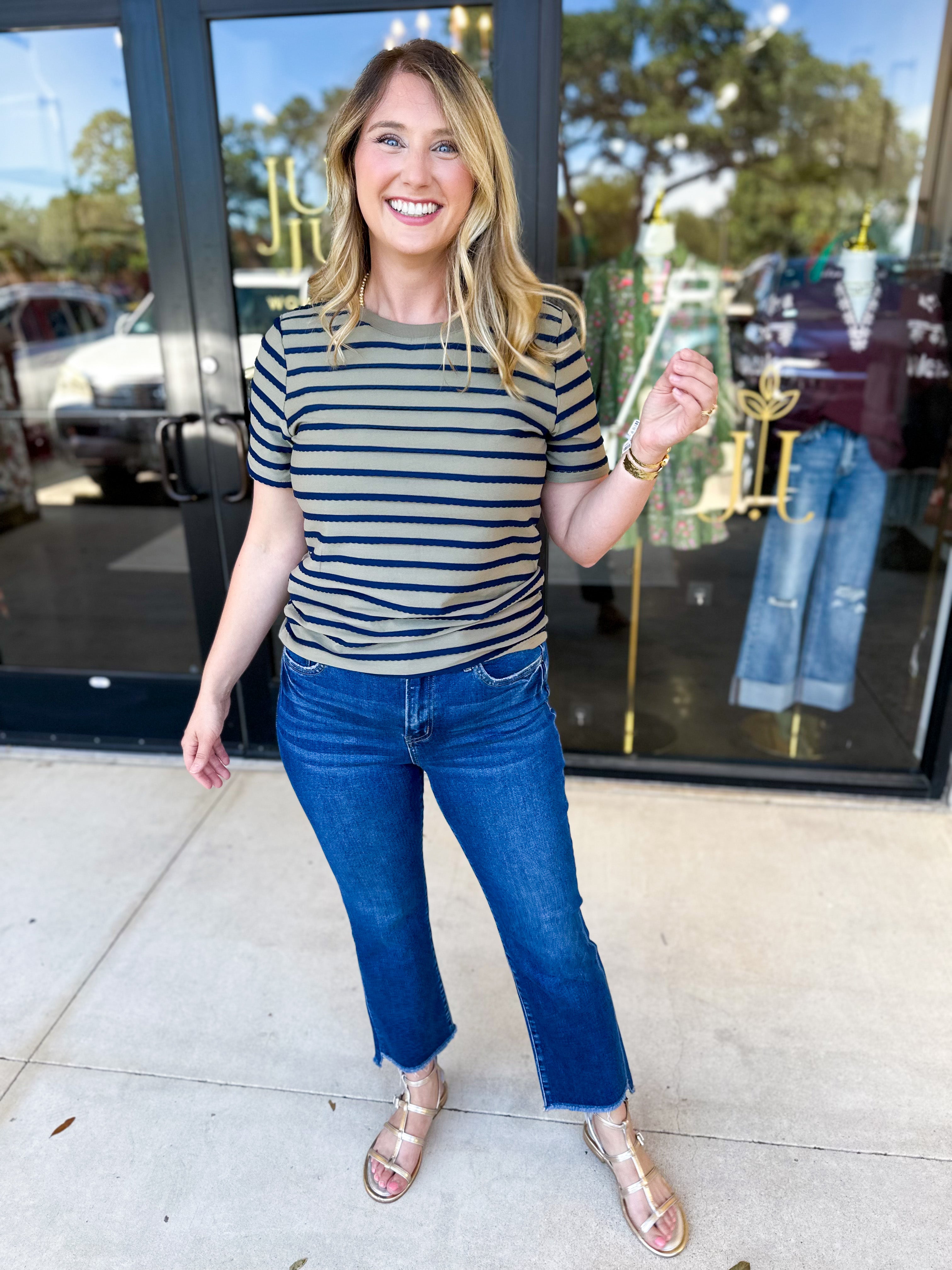 Striped Round Neck Tee - Olive-210 Casual Blouses-POLOGRAM-July & June Women's Fashion Boutique Located in San Antonio, Texas