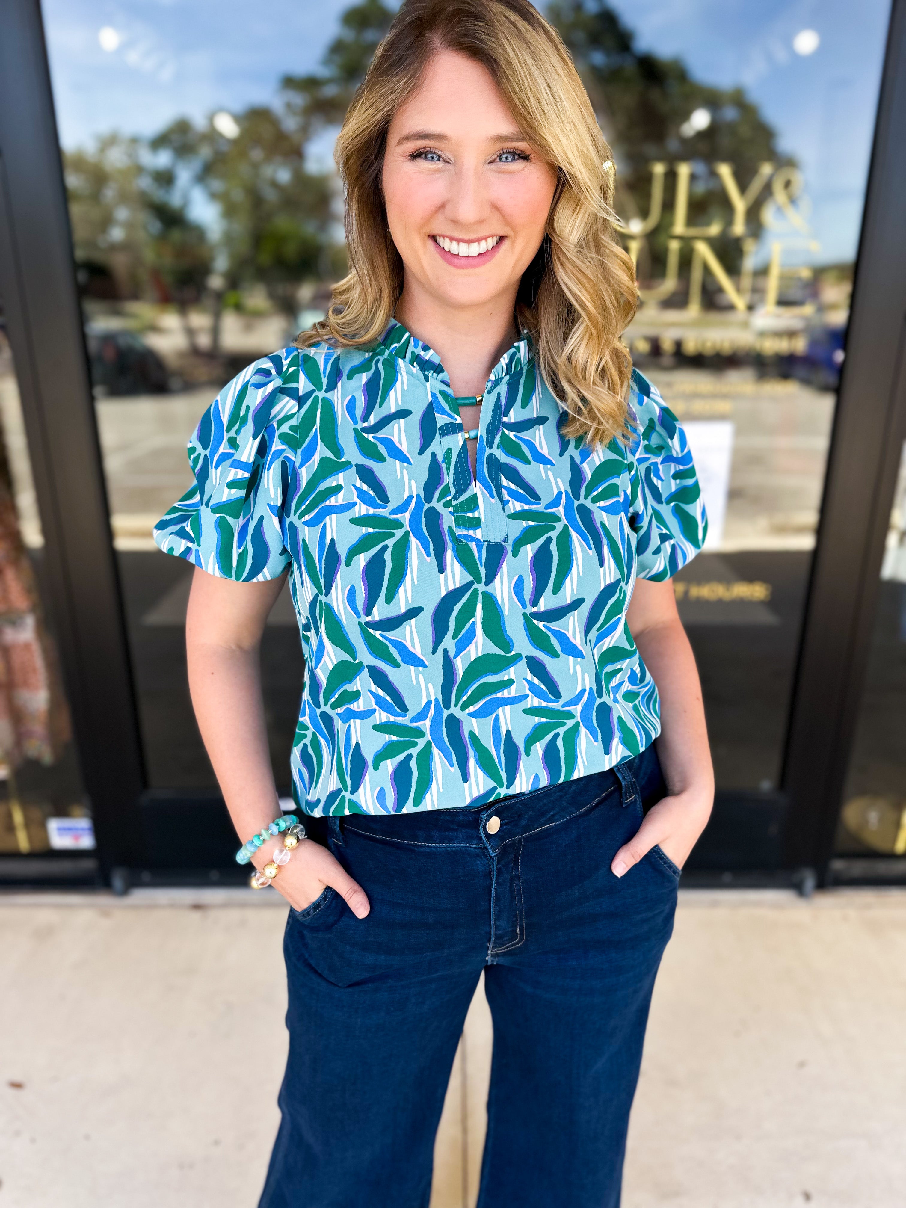 Mary Square - Lainey Reflecting Green Blouse-200 Fashion Blouses-MARY SQUARE-July & June Women's Fashion Boutique Located in San Antonio, Texas