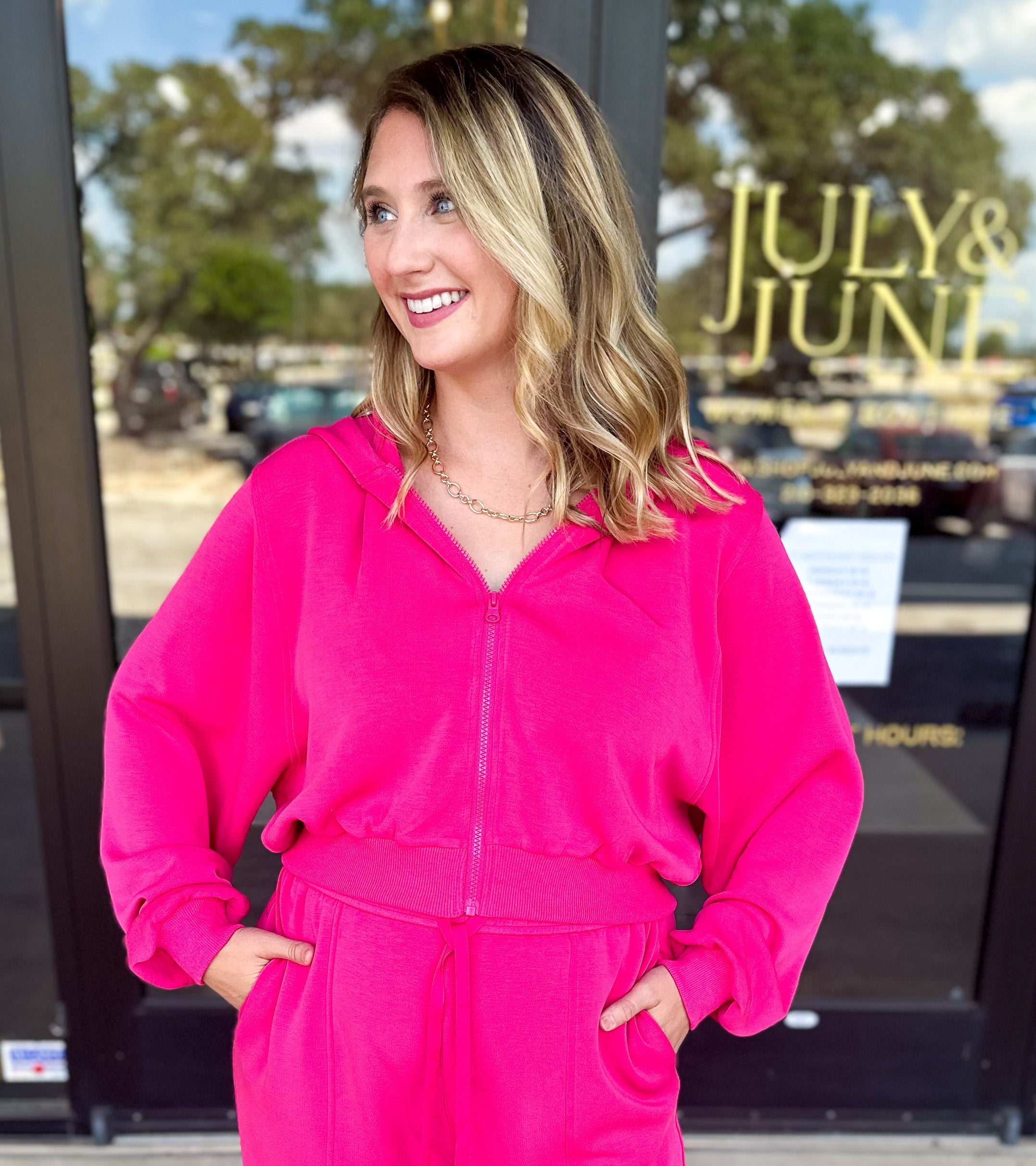 Soft Modal Hooded Jacket - Fuchsia Pink-300 Athleisure/Lounge-SKIES ARE BLUE-July & June Women's Fashion Boutique Located in San Antonio, Texas