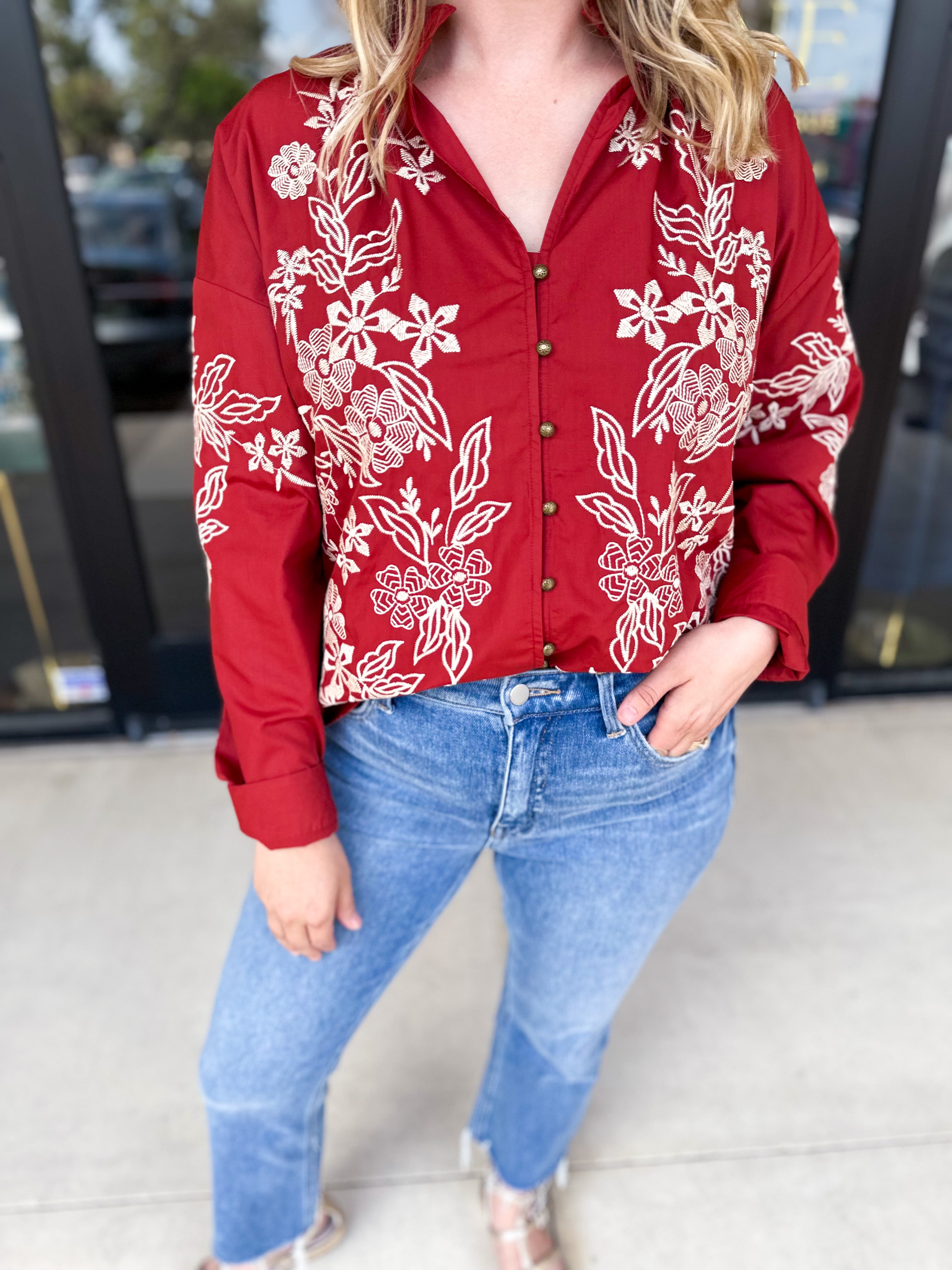 Elara Embroidered Blouse - Rust-200 Fashion Blouses-ENTRO-July & June Women's Fashion Boutique Located in San Antonio, Texas
