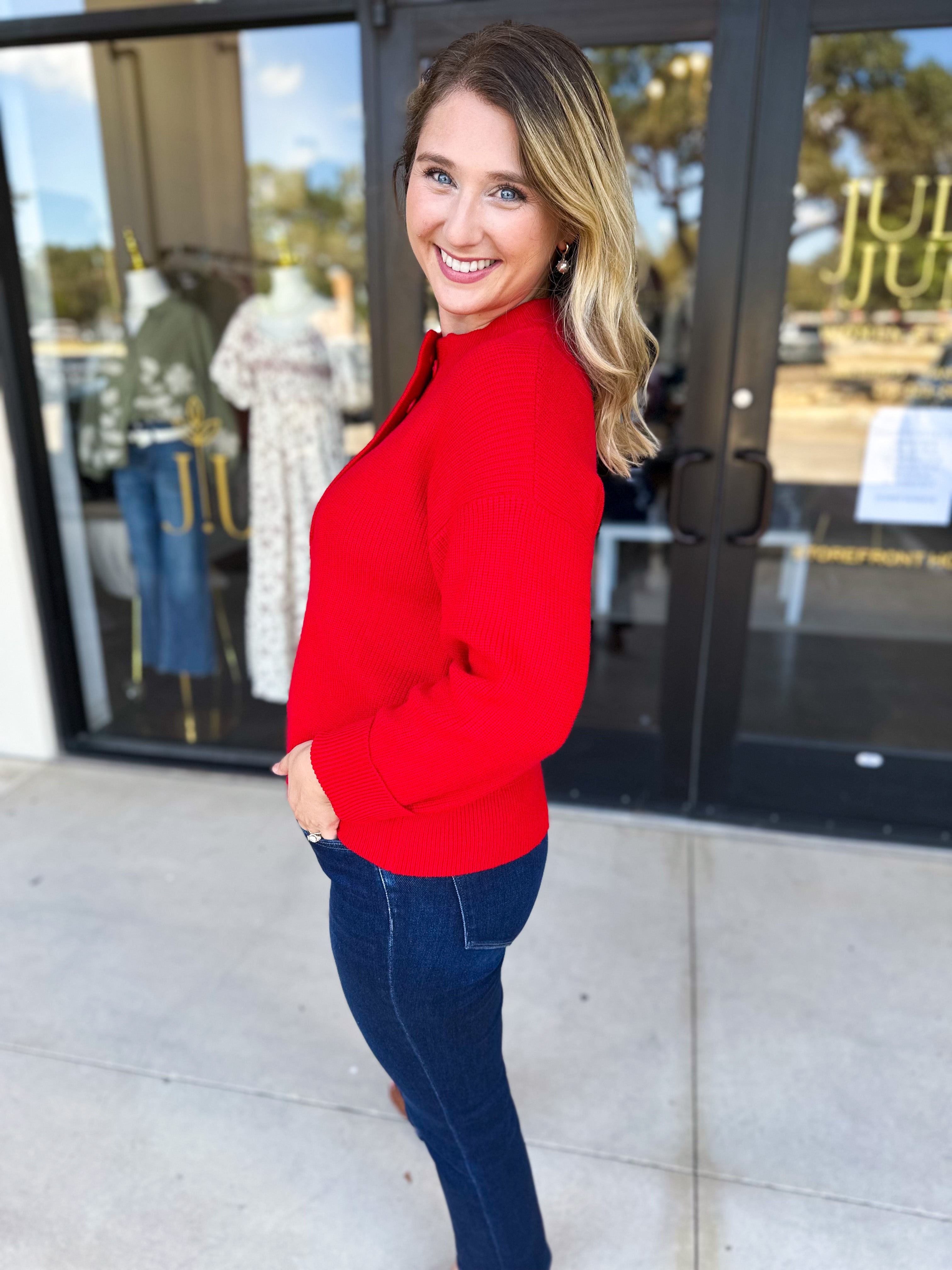 The Everyday Henley Sweater - Red-230 Sweaters/Cardis-JODIFL-July & June Women's Fashion Boutique Located in San Antonio, Texas
