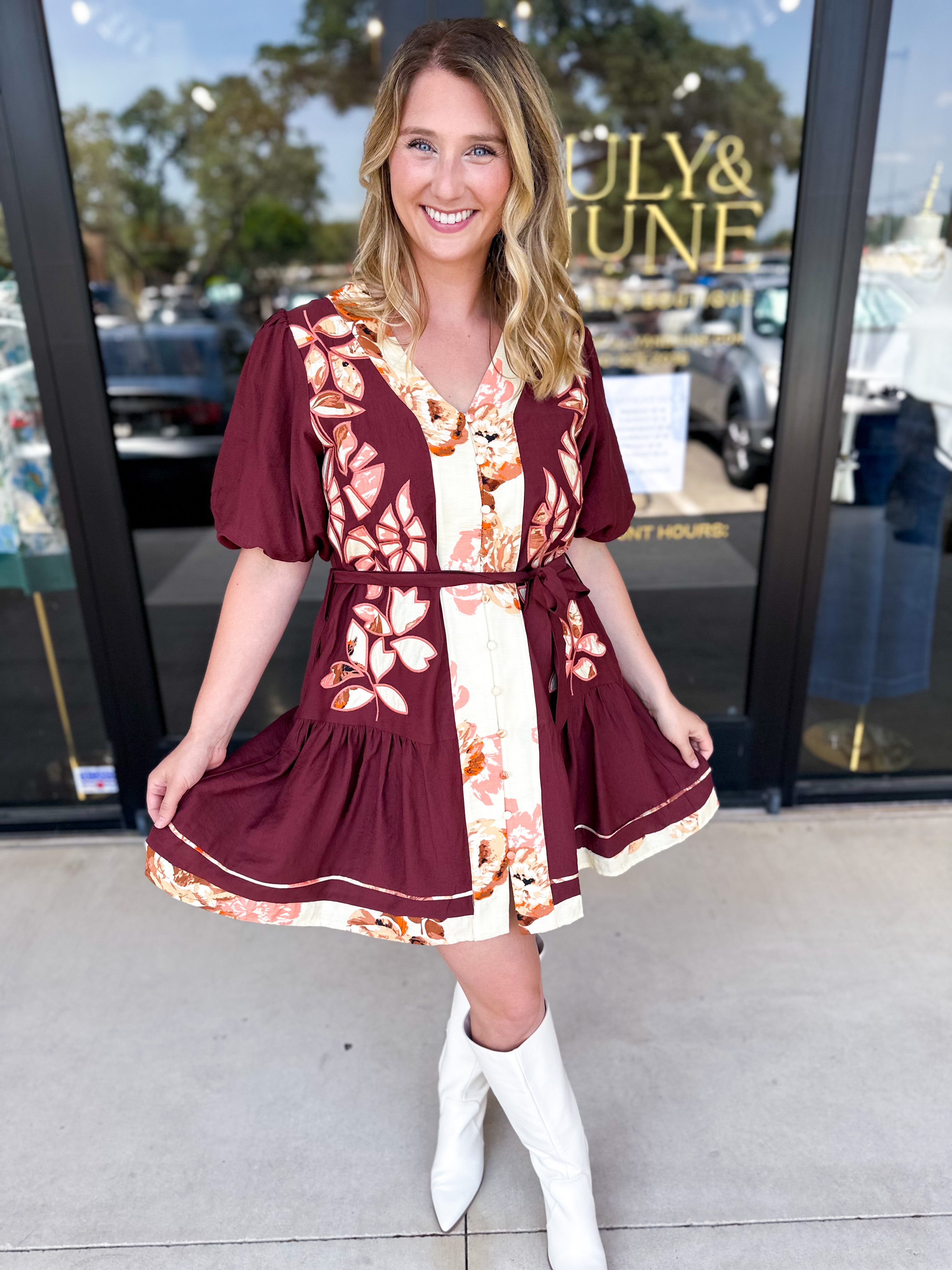 THML - Maroon Floral Mini Dress-510 Mini-THML-July & June Women's Fashion Boutique Located in San Antonio, Texas