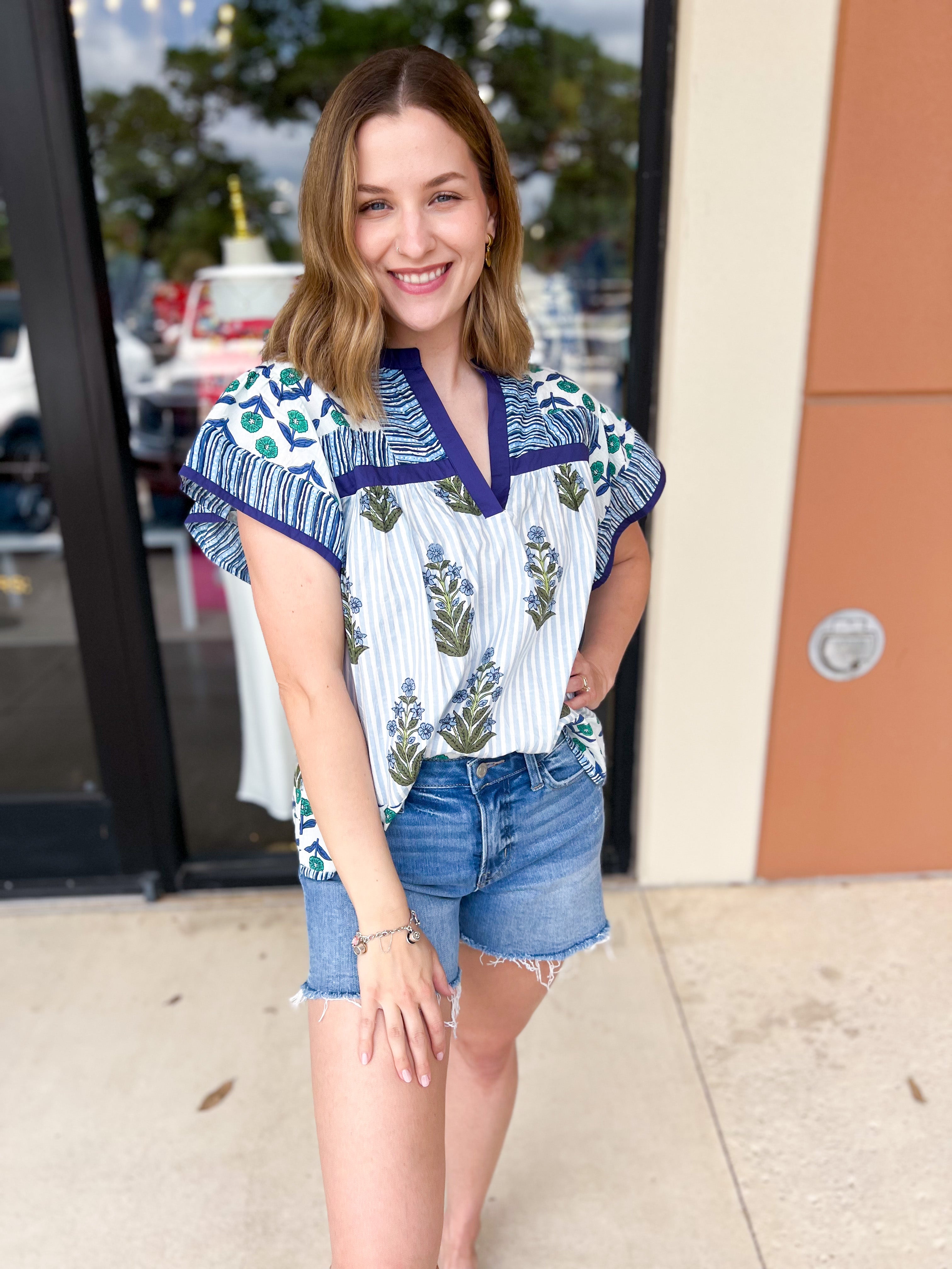 THML - Blue Floral Block Print Blouse-200 Fashion Blouses-THML-July & June Women's Fashion Boutique Located in San Antonio, Texas