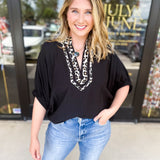 Varsity Cheetah Detail Blouse - Black-200 Fashion Blouses-ENTRO-July & June Women's Fashion Boutique Located in San Antonio, Texas