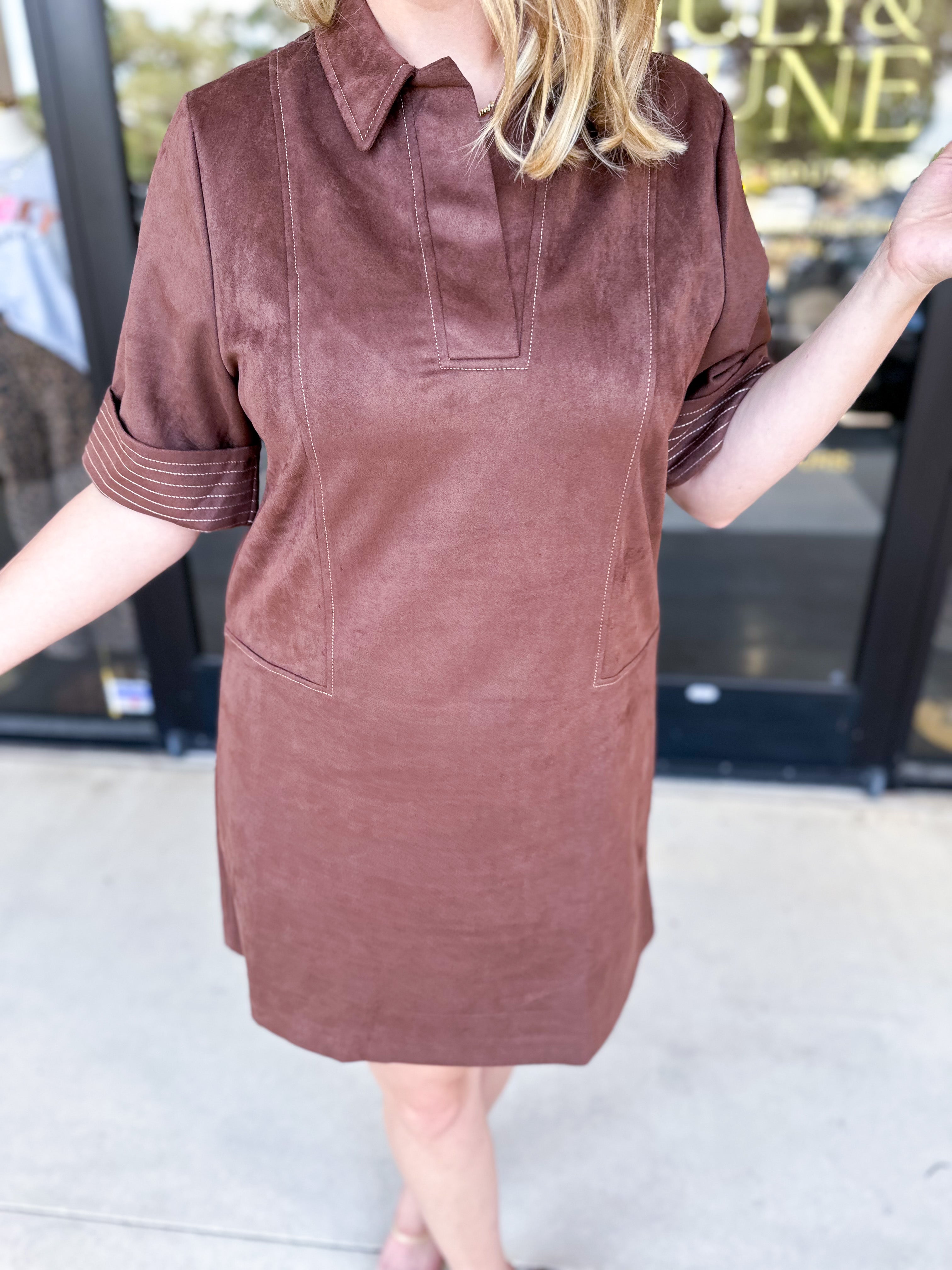 THML - Short Sleeve Collared Mini Dress - Chocolate-510 Mini-THML-July & June Women's Fashion Boutique Located in San Antonio, Texas