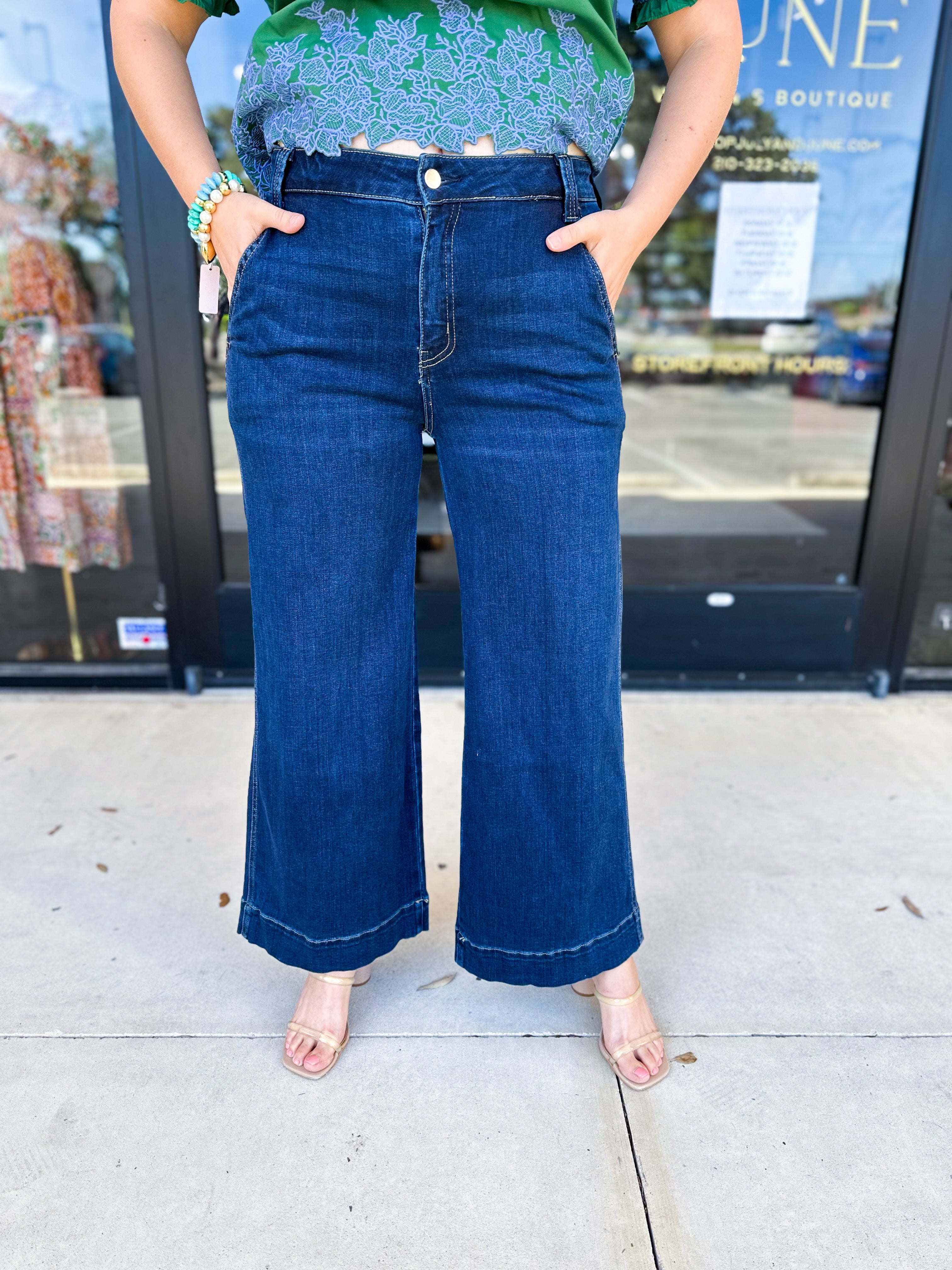 Vervet - Dark High Rise Trouser Wide Leg Jeans-400 Pants-VEVERT BY FLYING MONKEY-July & June Women's Fashion Boutique Located in San Antonio, Texas