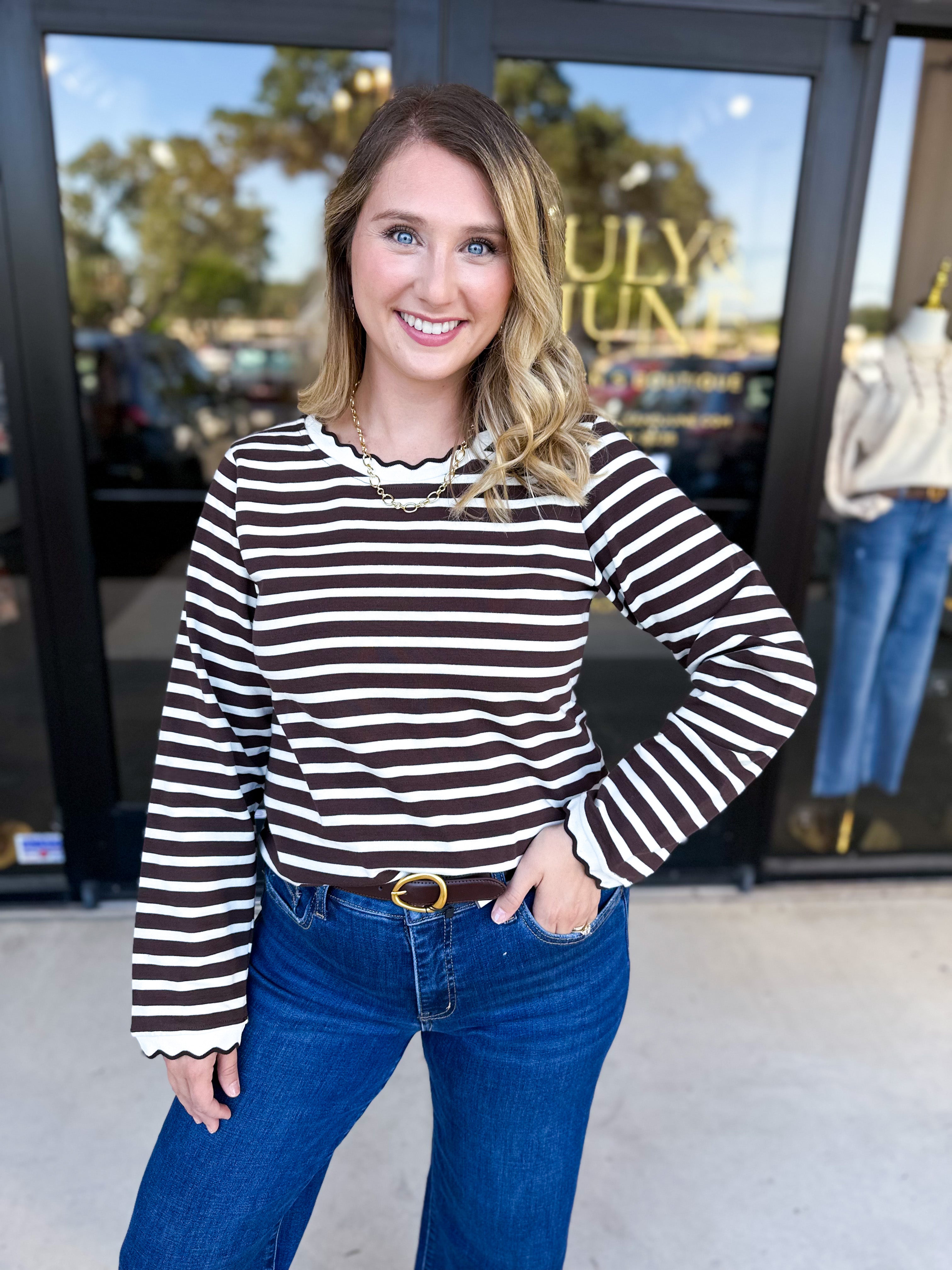 Chocolate Stripe Long Sleeve Top-210 Casual Blouses-POLOGRAM-July & June Women's Fashion Boutique Located in San Antonio, Texas