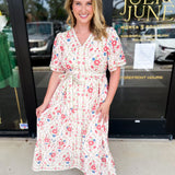Cream & Pink Floral Midi Dress-500 Midi-POLOGRAM-July & June Women's Fashion Boutique Located in San Antonio, Texas