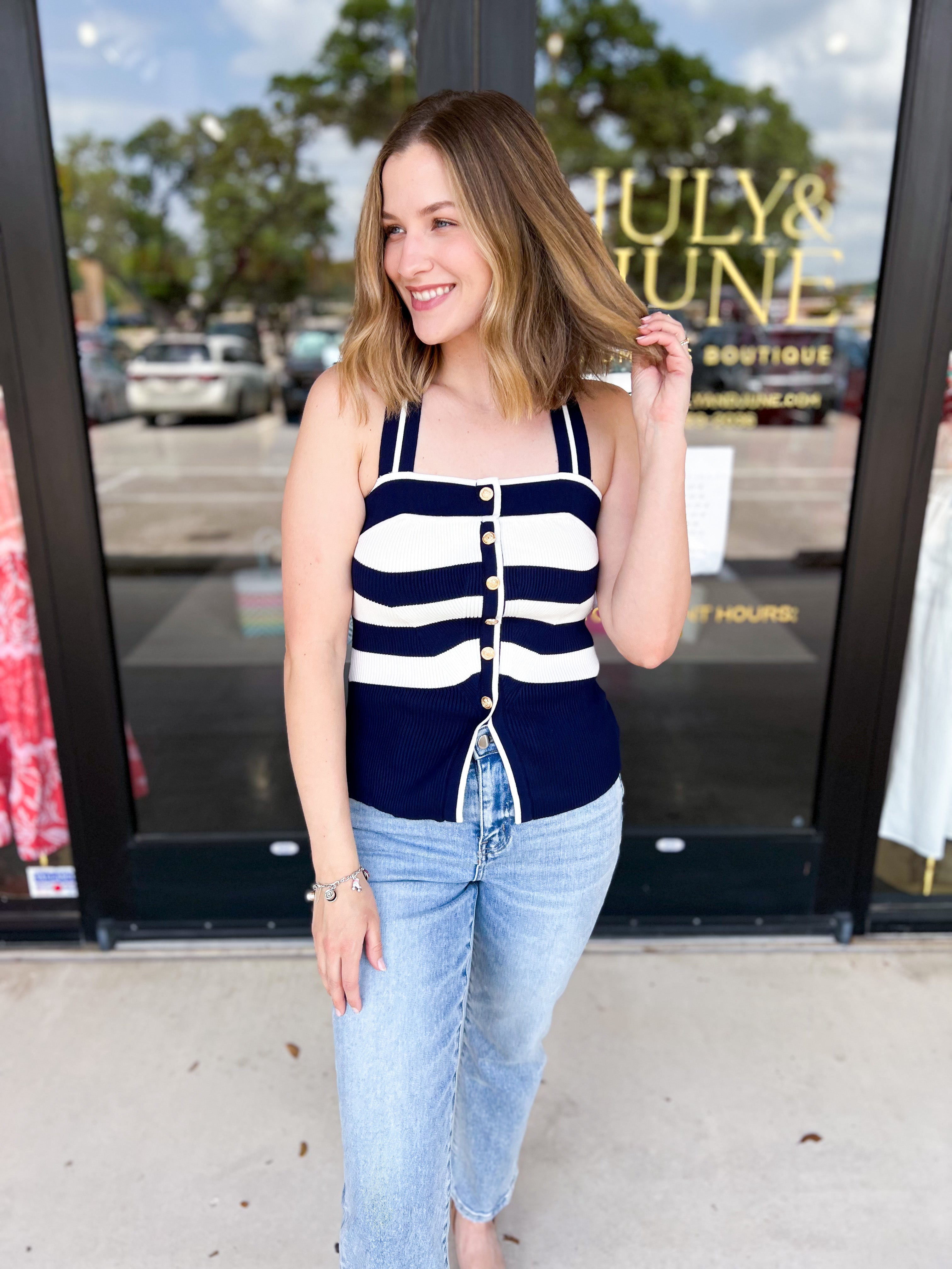 Navy & Ivory Knit Vest-200 Fashion Blouses-FLYING TOMATO-July & June Women's Fashion Boutique Located in San Antonio, Texas